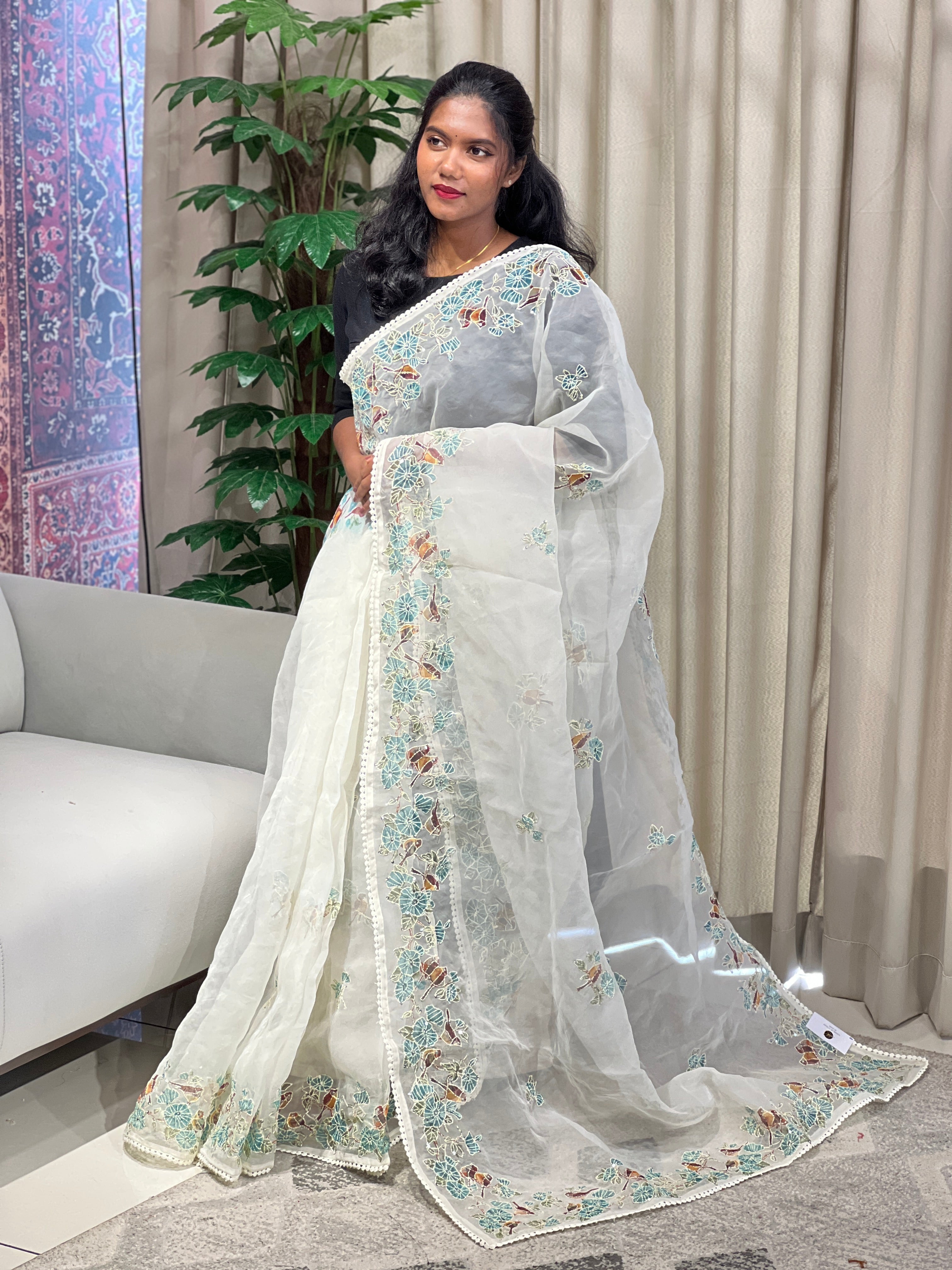 Floral and Bird Digital Printed Organza Saree | BLD1800