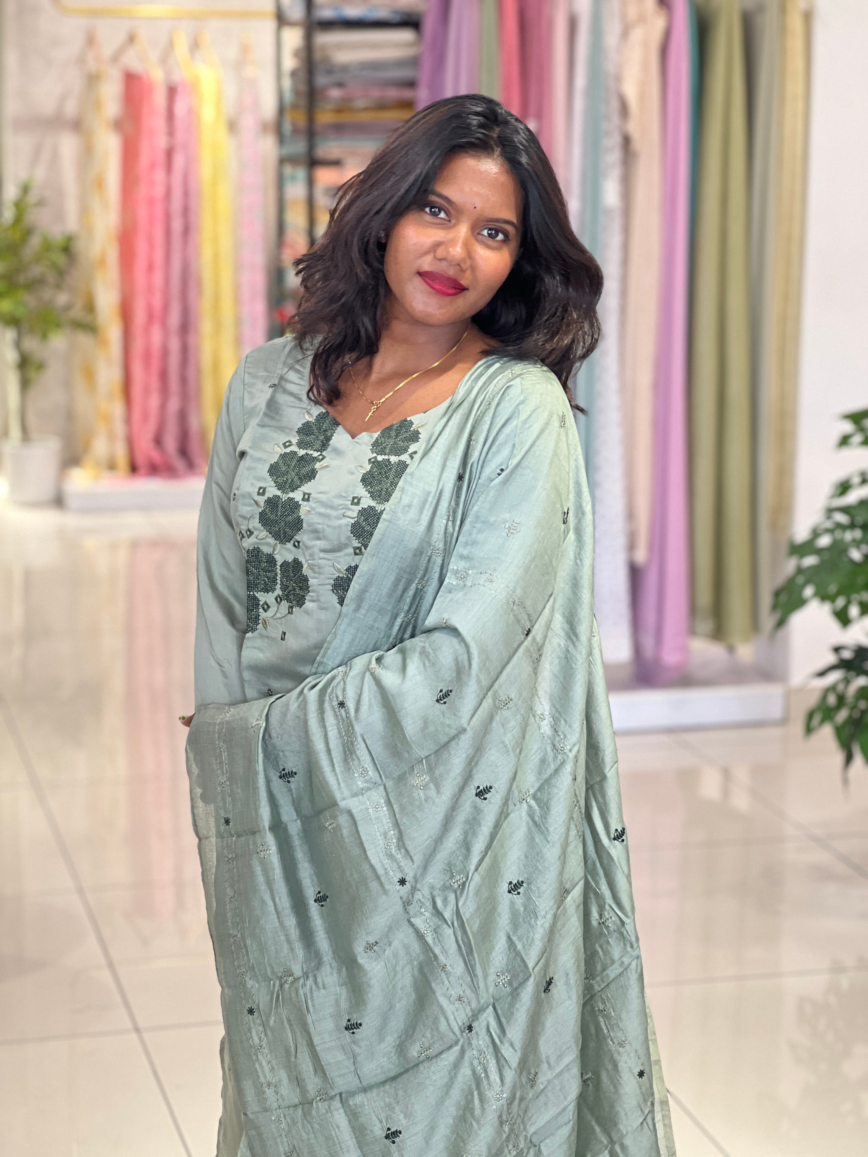 Cross Stitch Machine Embroidery Semi Chanderi Kurta Set | IHP126