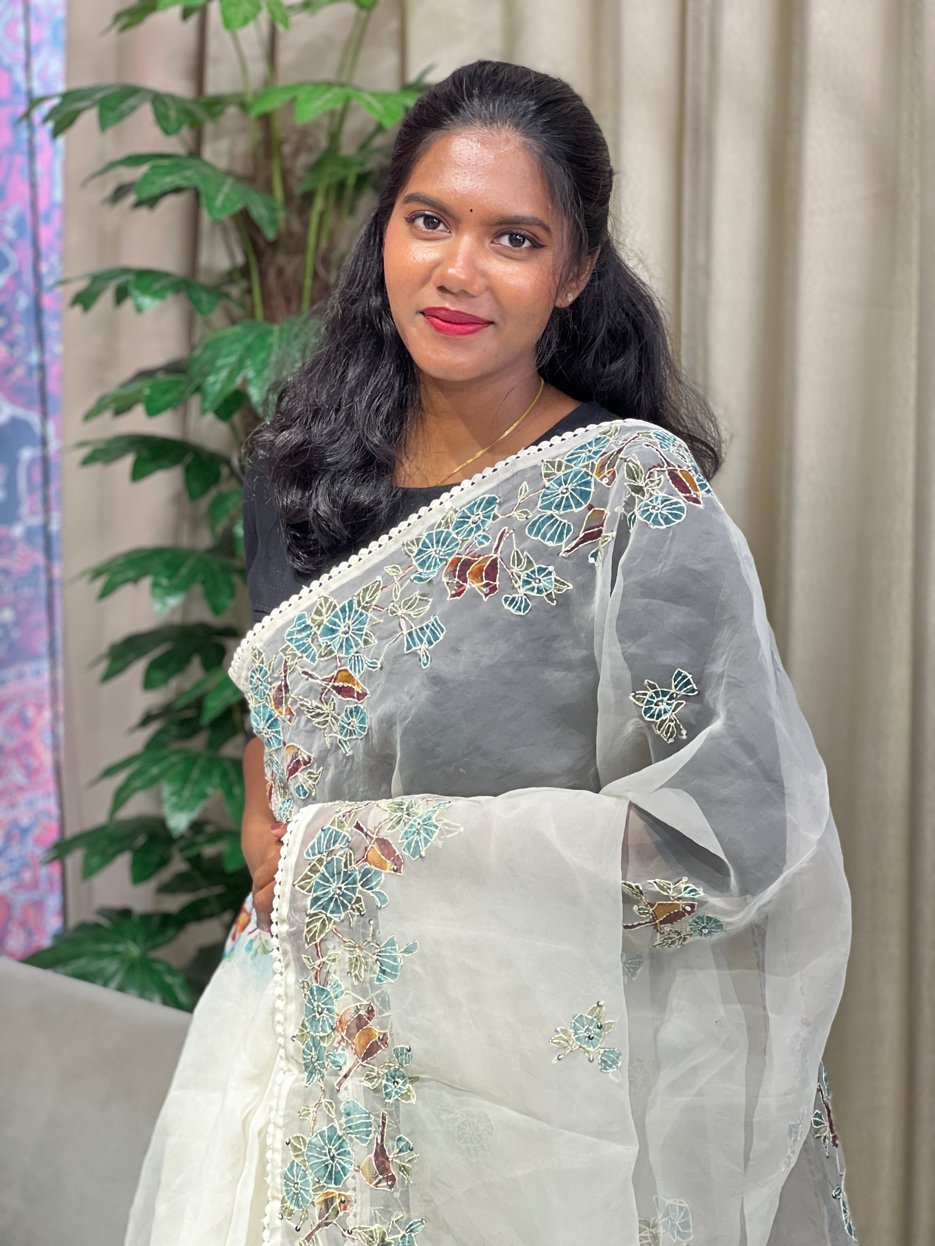 Floral and Bird Digital Printed Organza Saree | BLD1800