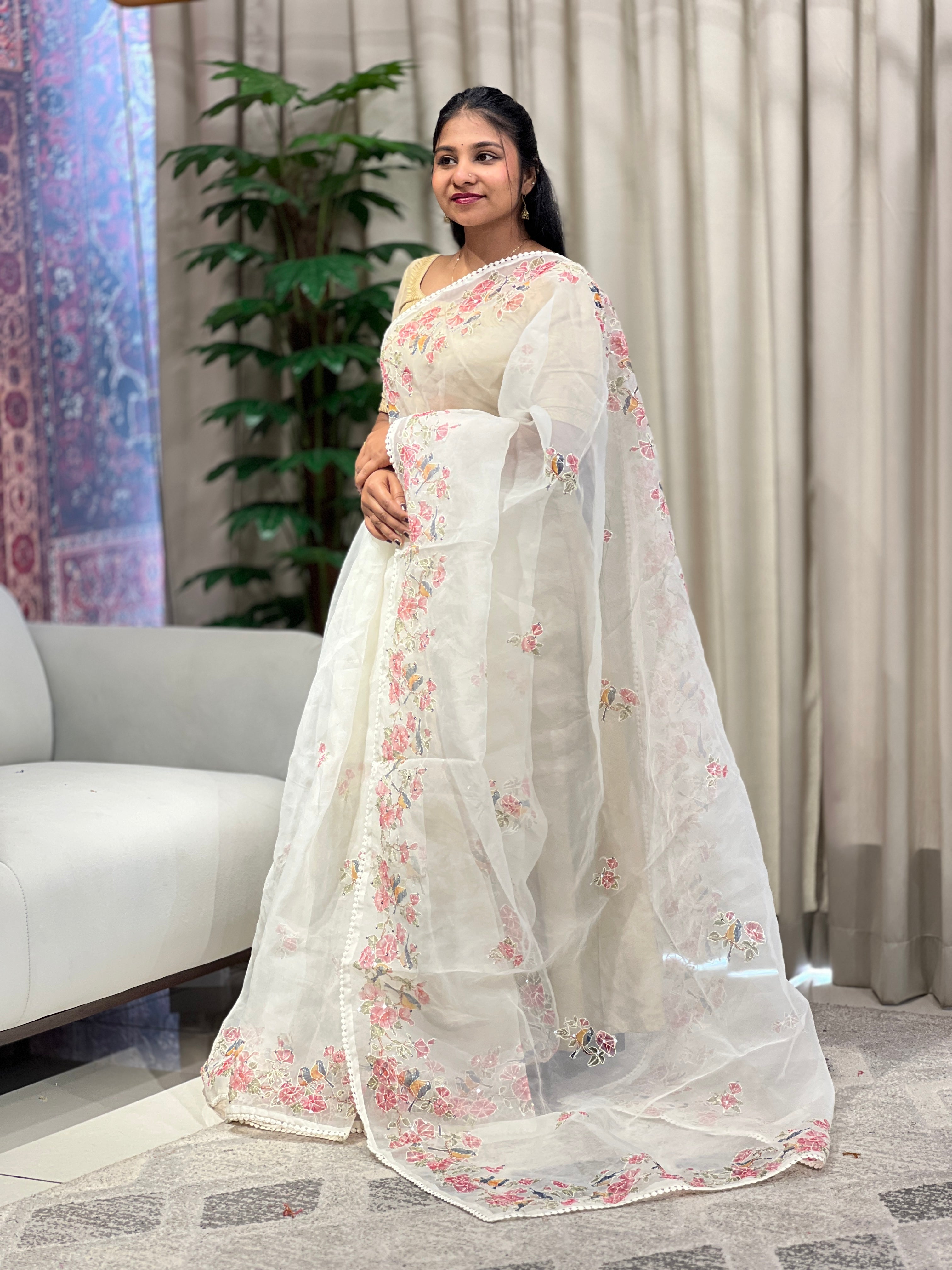 Floral and Bird Digital Printed Organza Saree | BLD1797