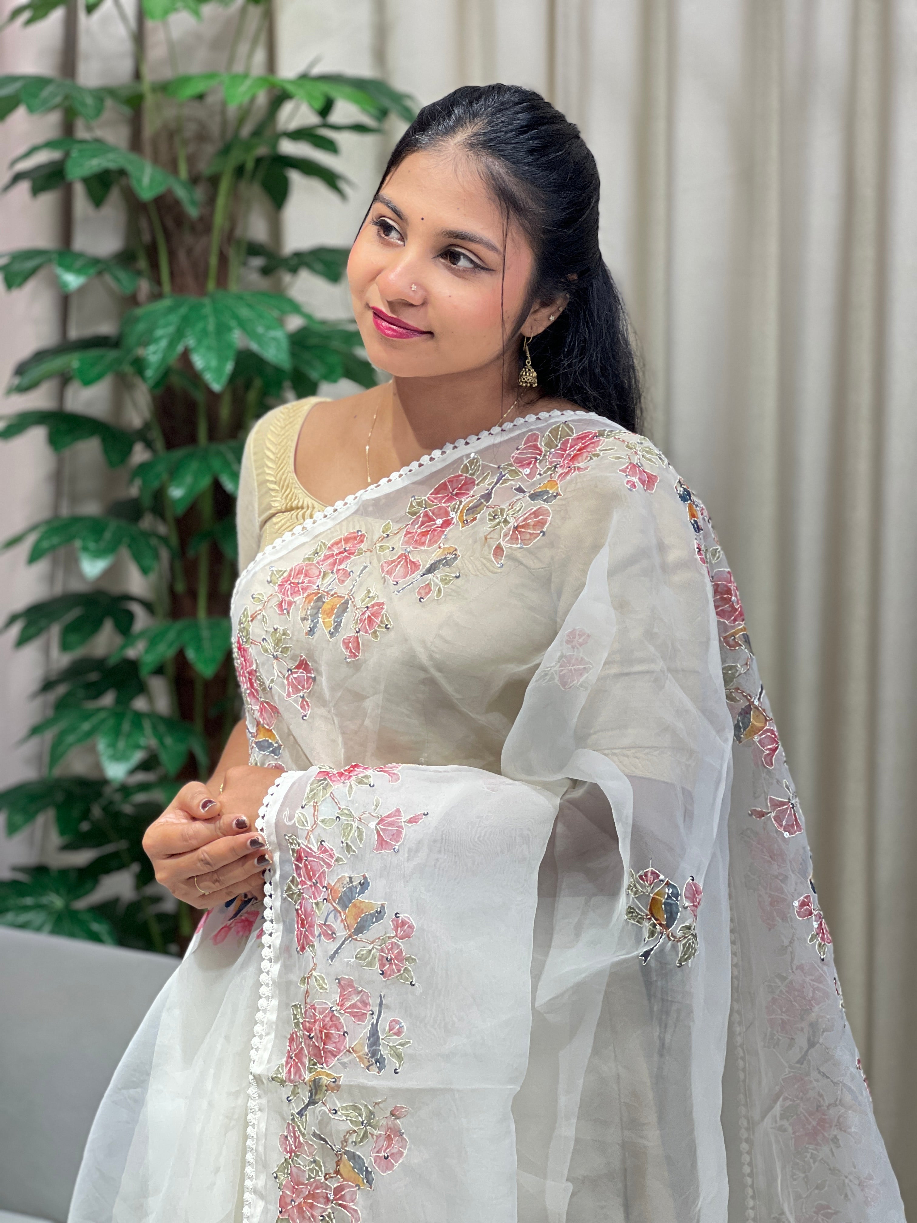 Floral and Bird Digital Printed Organza Saree | BLD1797