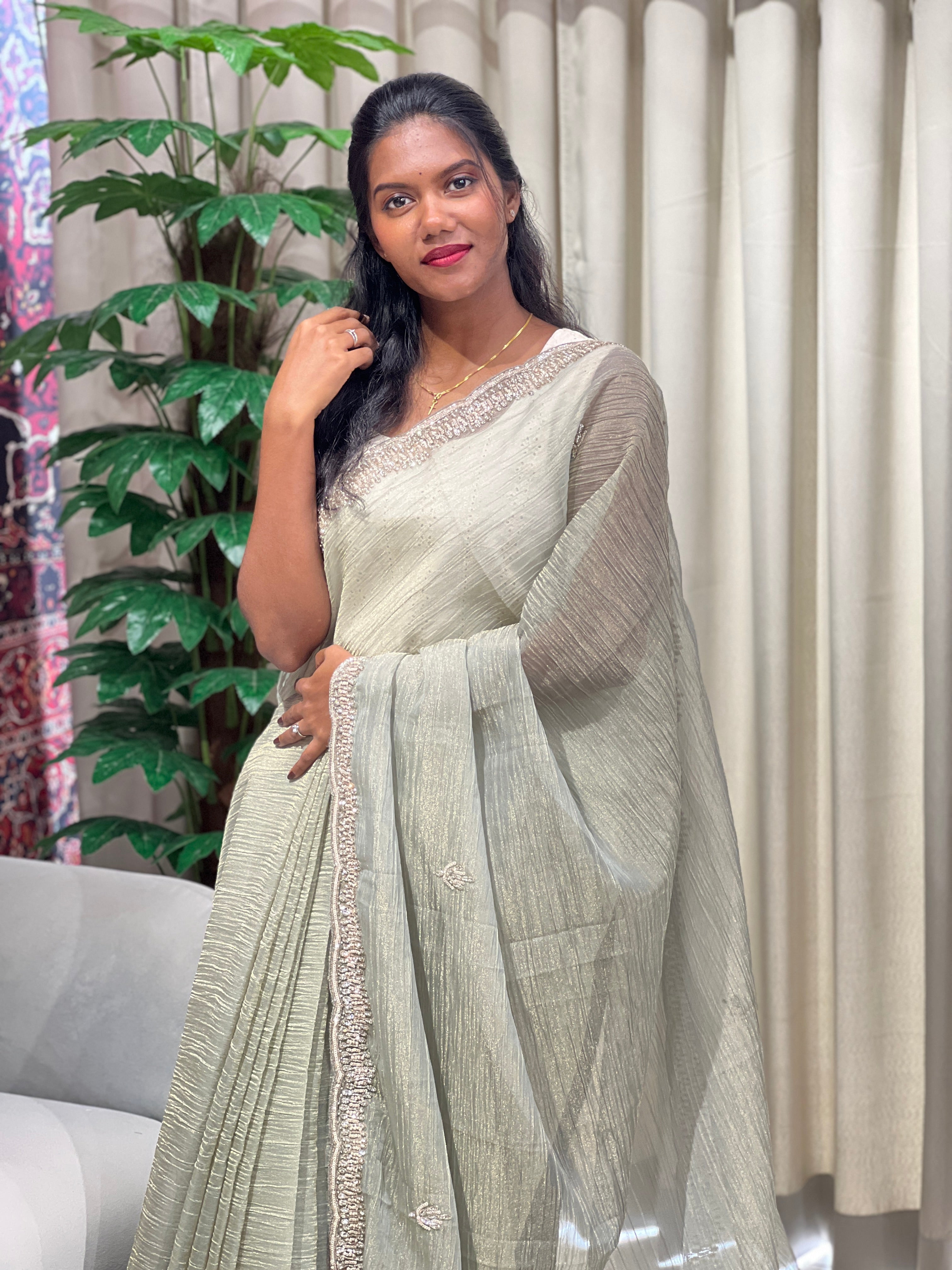 Sequins & Stone Work Detailed Crushed Organza Saree | SGS139