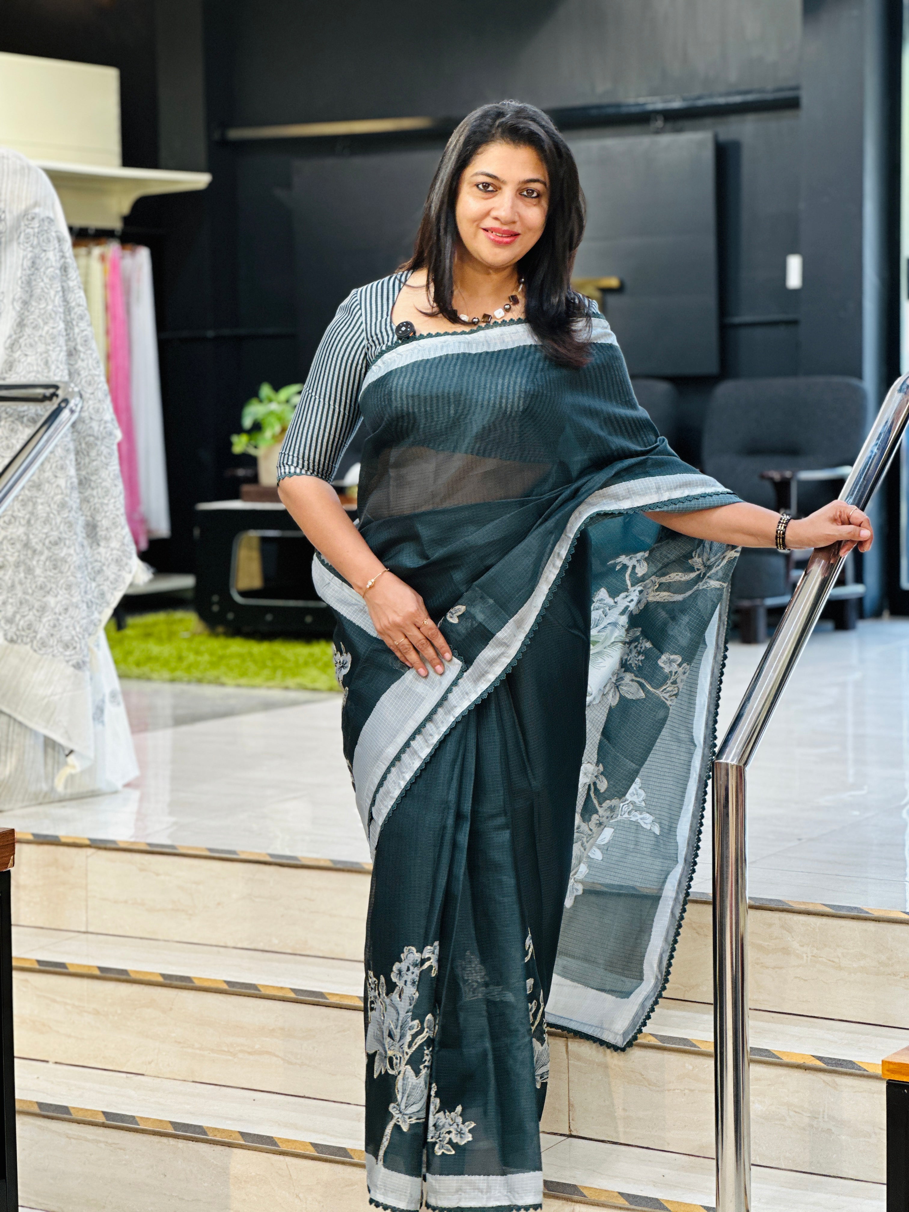 Floral Print With Pitta Work Highlighted Silky Kota Saree | HT416