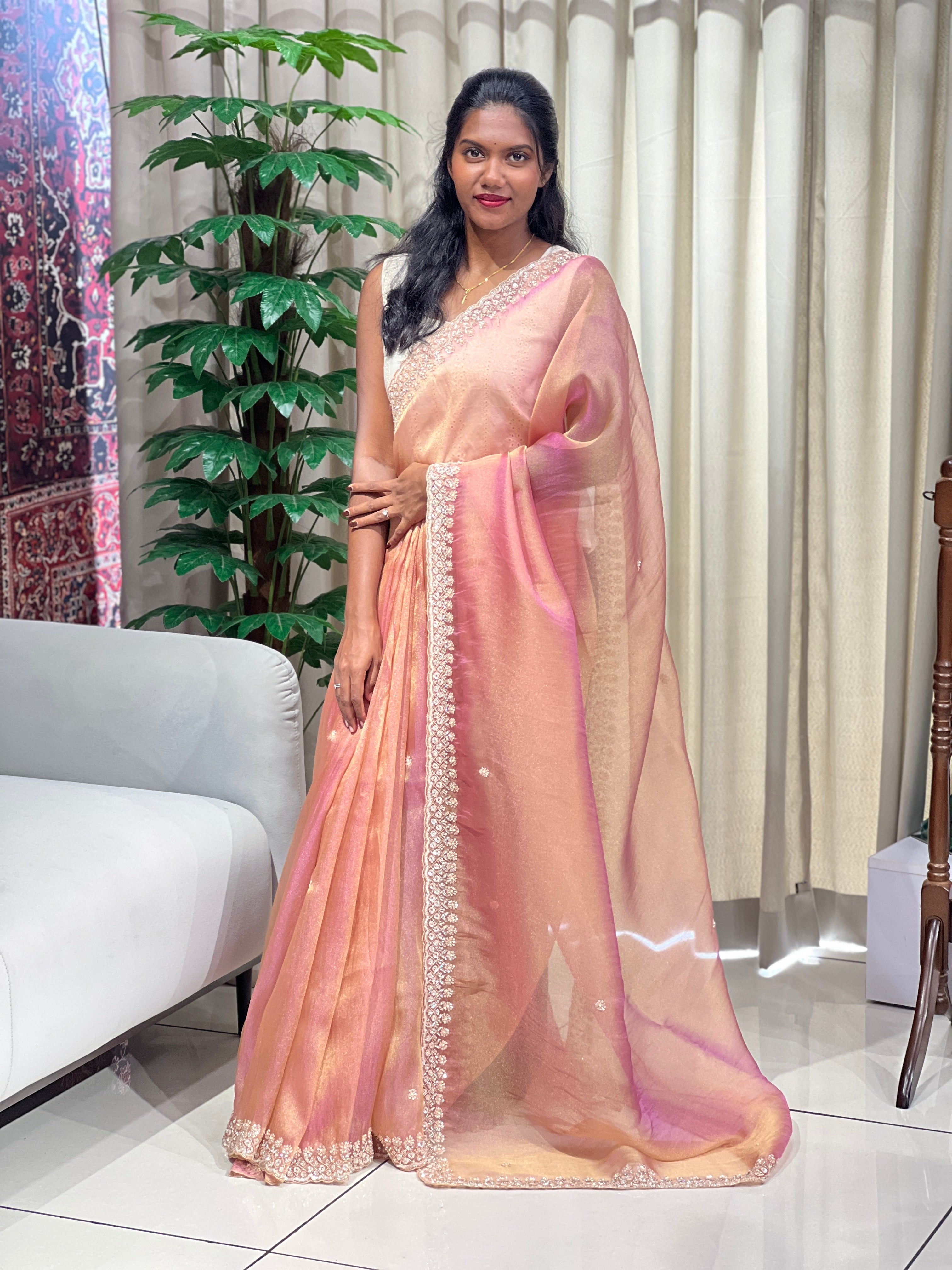 Sequins & Beads Work Detailed Shimmer Organza Saree | SGS141