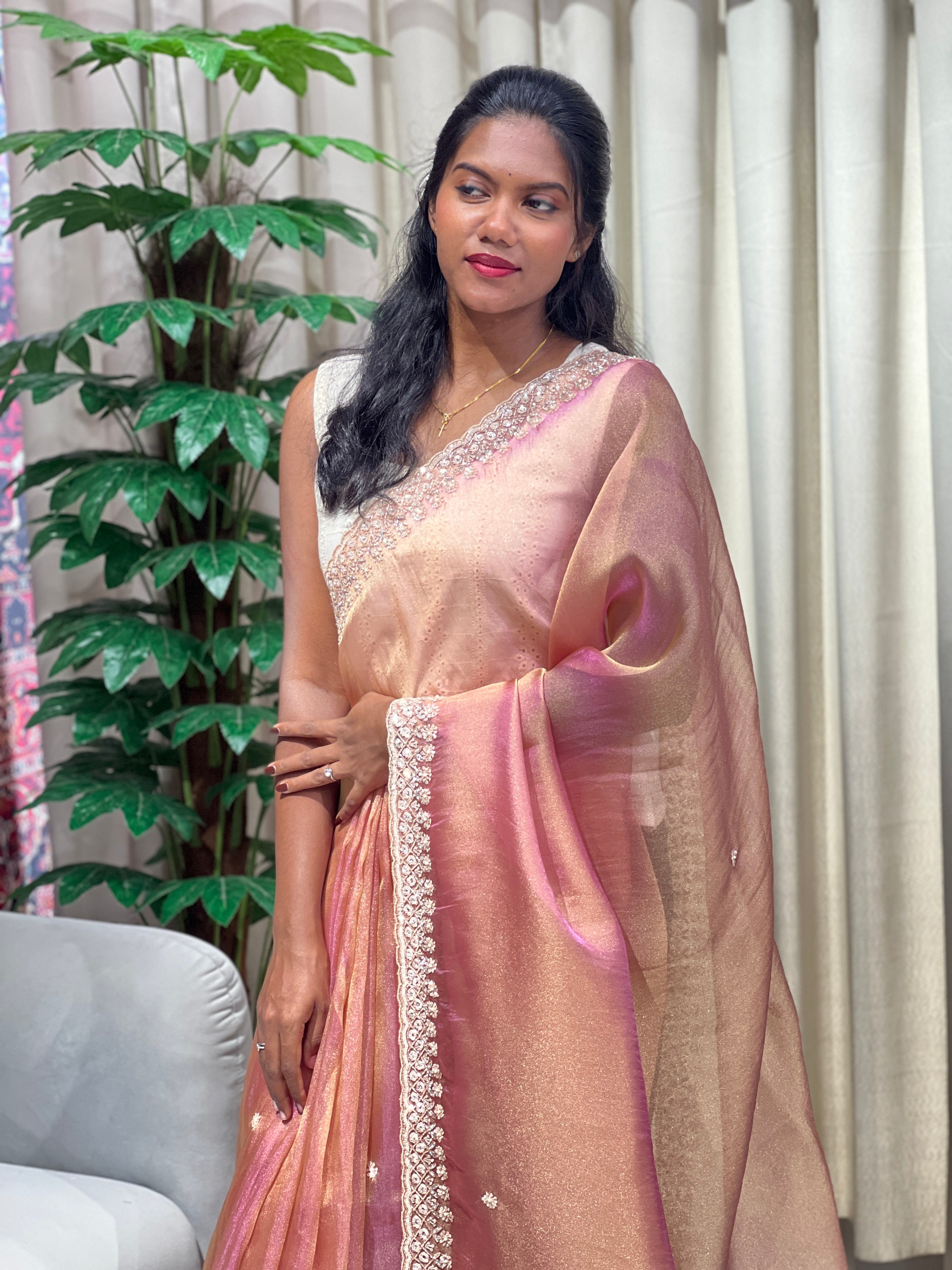 Sequins & Beads Work Detailed Shimmer Organza Saree | SGS141