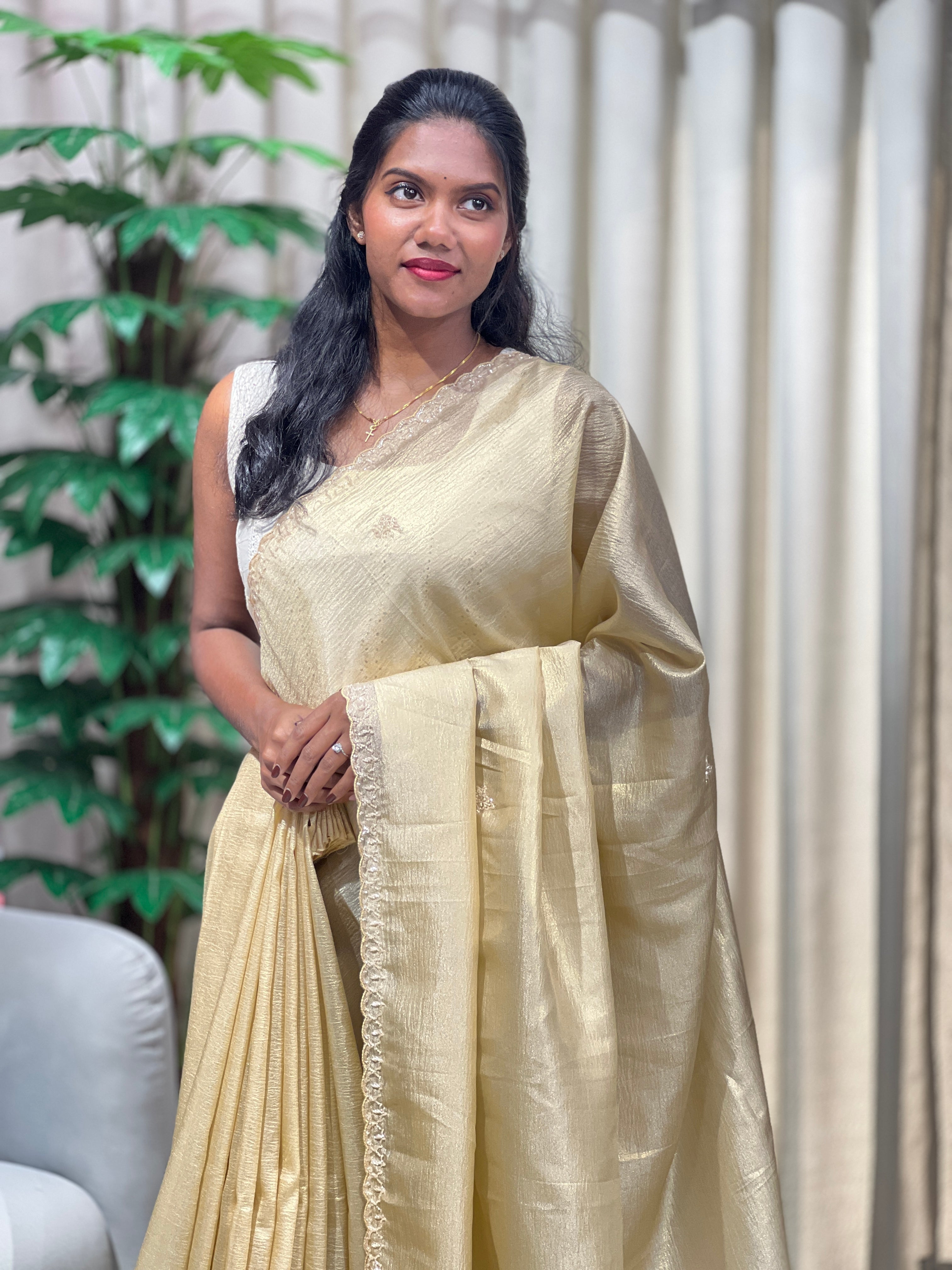 Machine Embroidery Detailed Crushed Tissue Organza Saree | SGS150