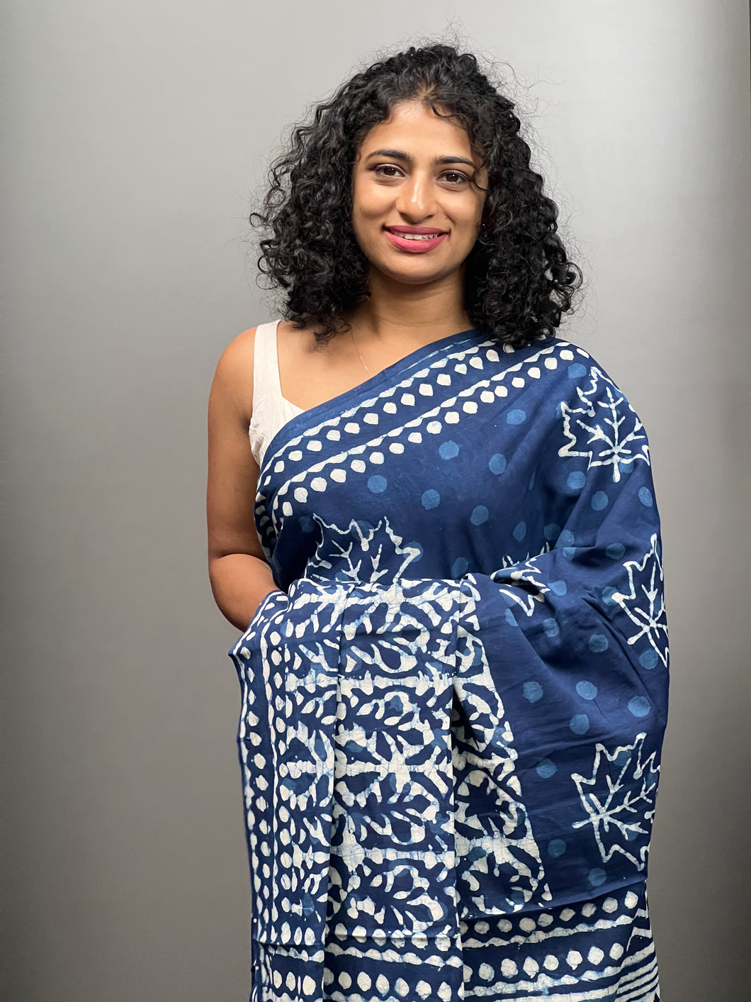 Mul-Cotton Indigo Saree with Batik Printed Leaf Design | VFC363