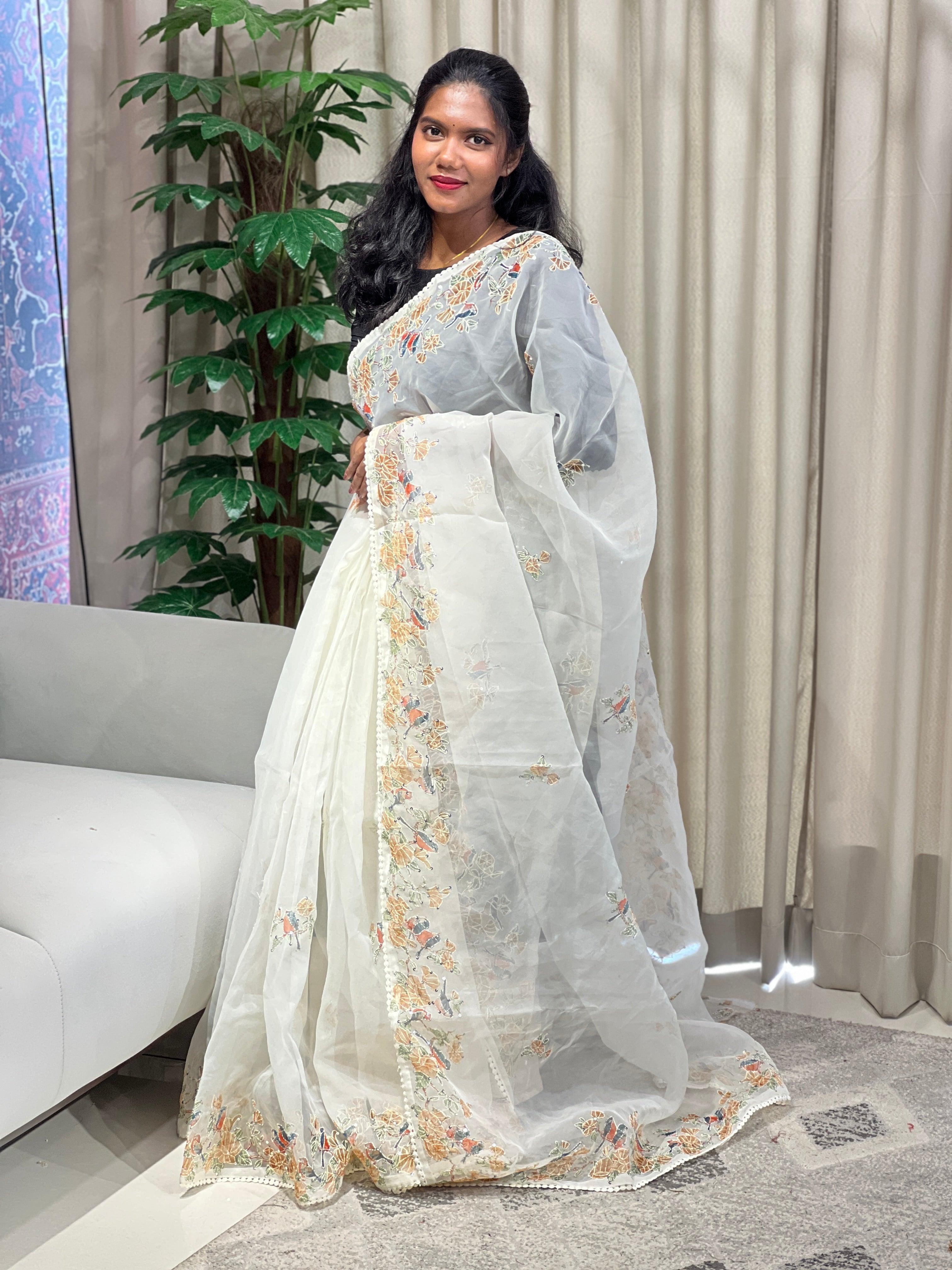 Floral and Bird Digital Printed Organza Saree | BLD1796