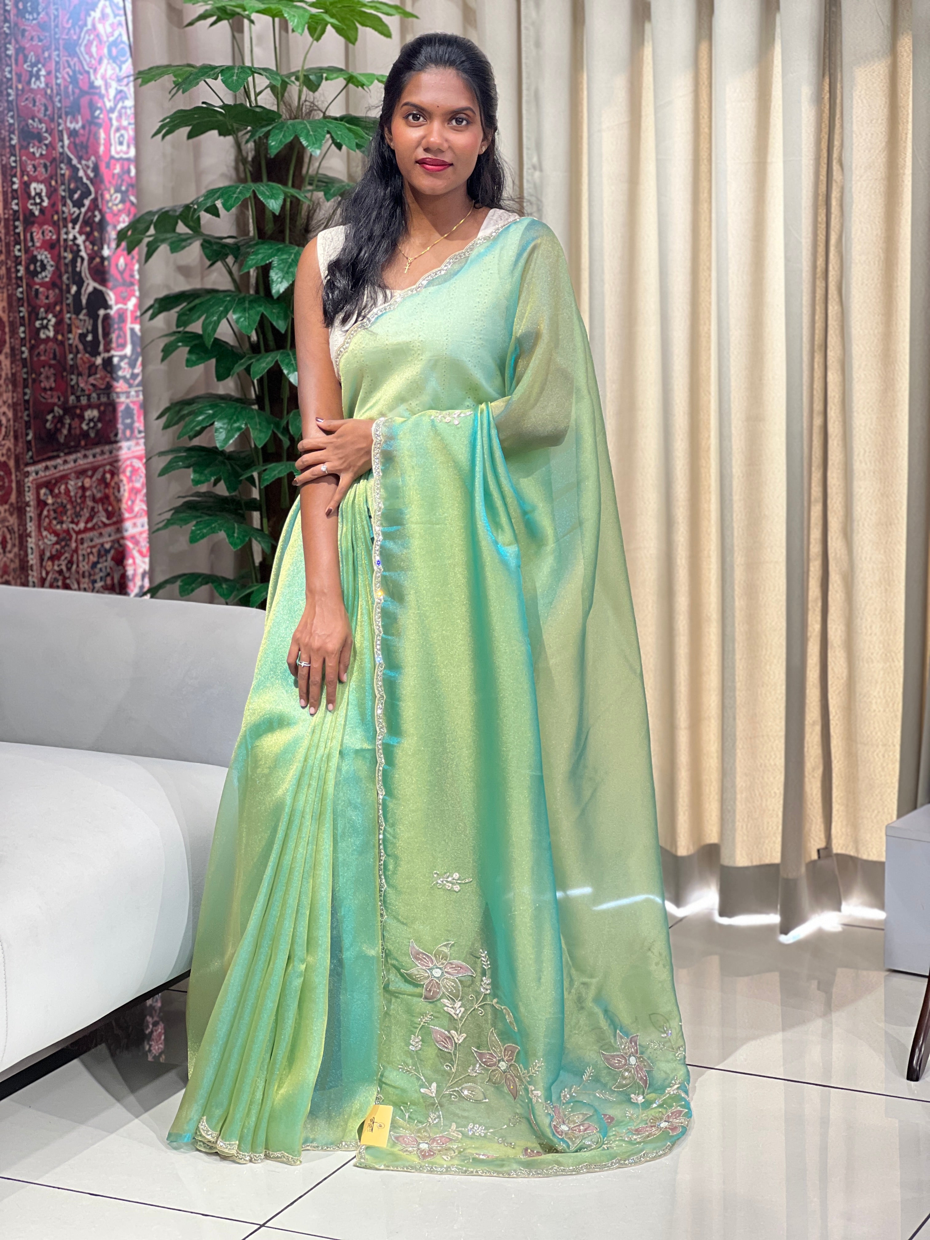 Cut Beads And Sticky Stone Detailed Tissue Organza Saree | SGS146