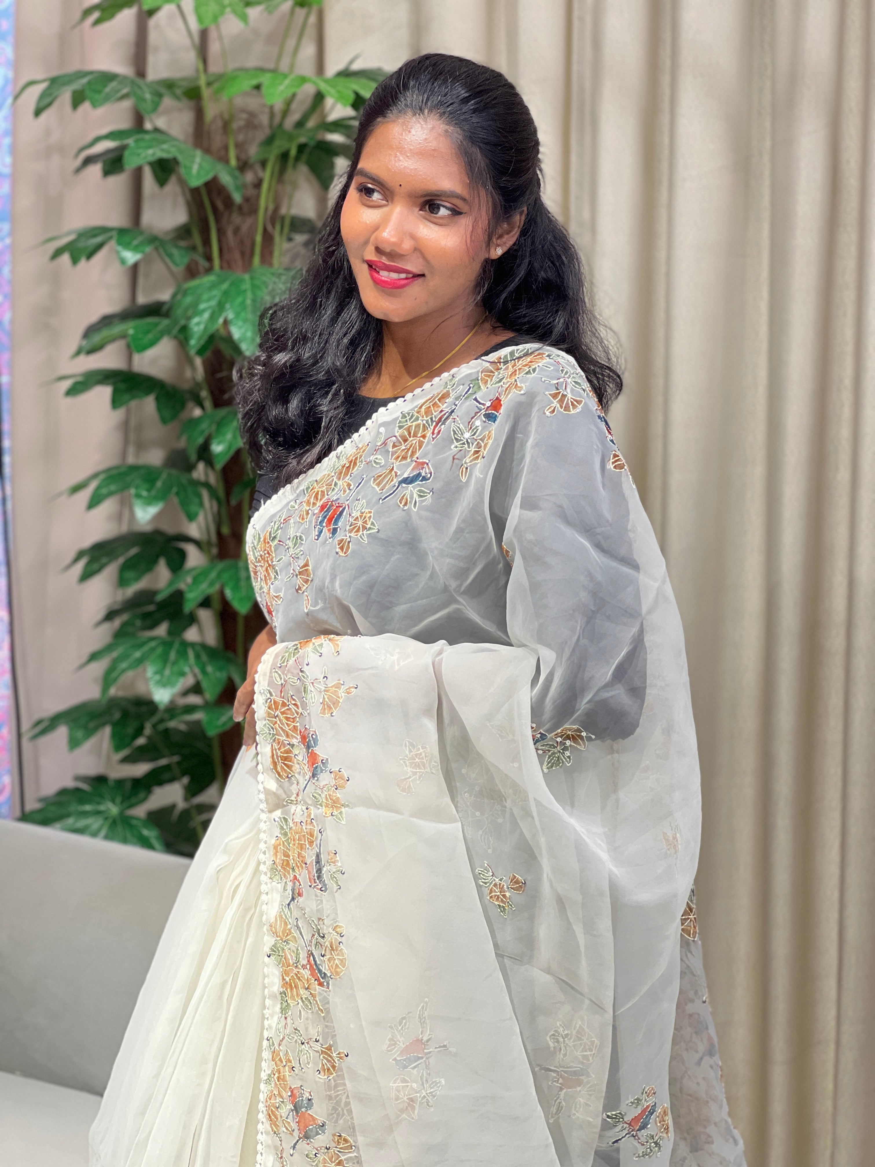 Floral and Bird Digital Printed Organza Saree | BLD1796