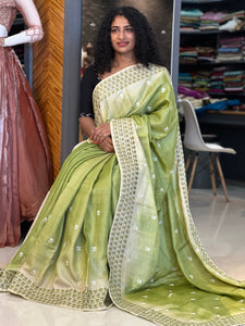 Green Color Embroidered Tussar Saree | SBS881