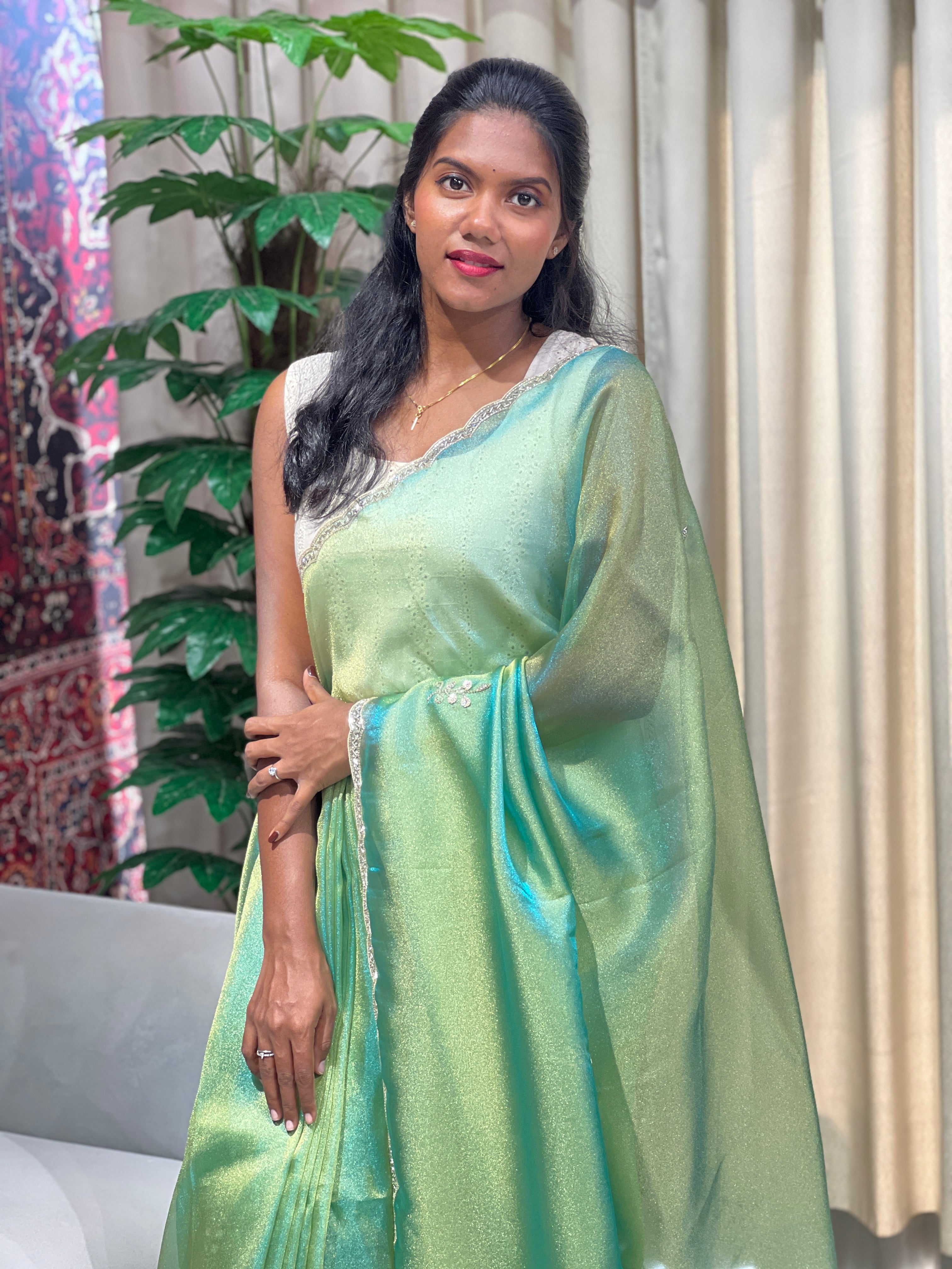 Cut Beads And Sticky Stone Detailed Tissue Organza Saree | SGS146