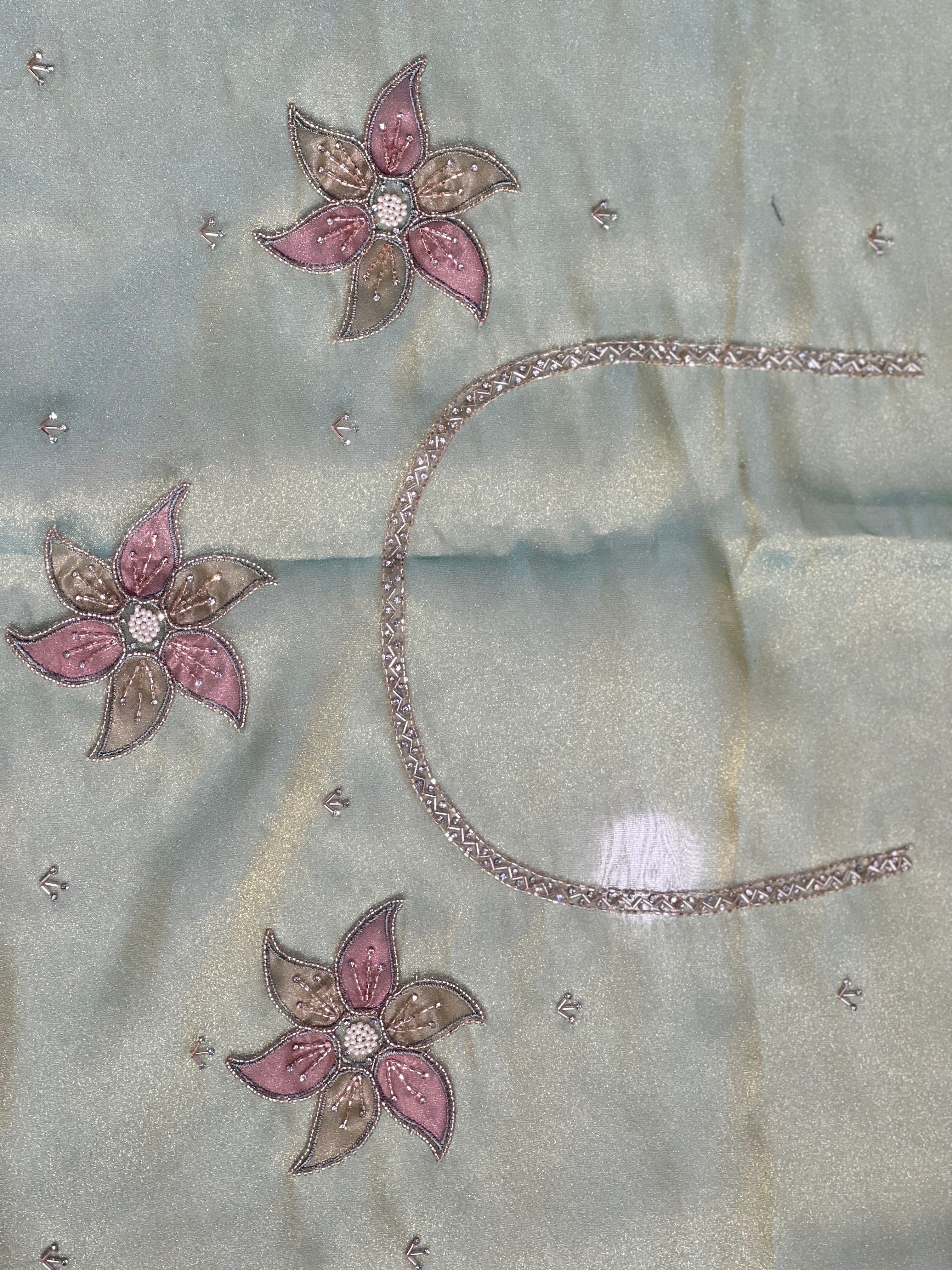 Cut Beads And Sticky Stone Detailed Tissue Organza Saree | SGS146