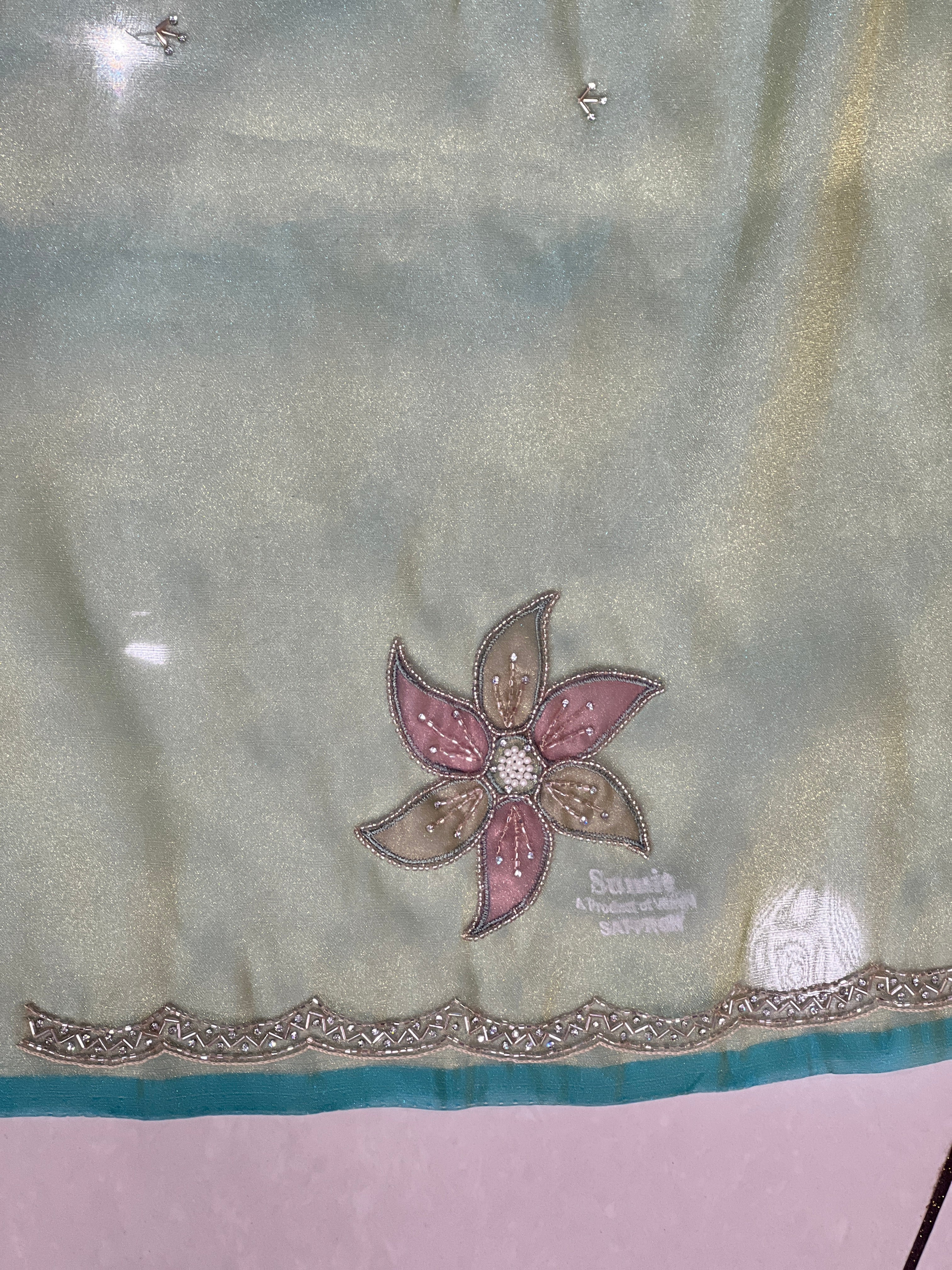 Cut Beads And Sticky Stone Detailed Tissue Organza Saree | SGS146