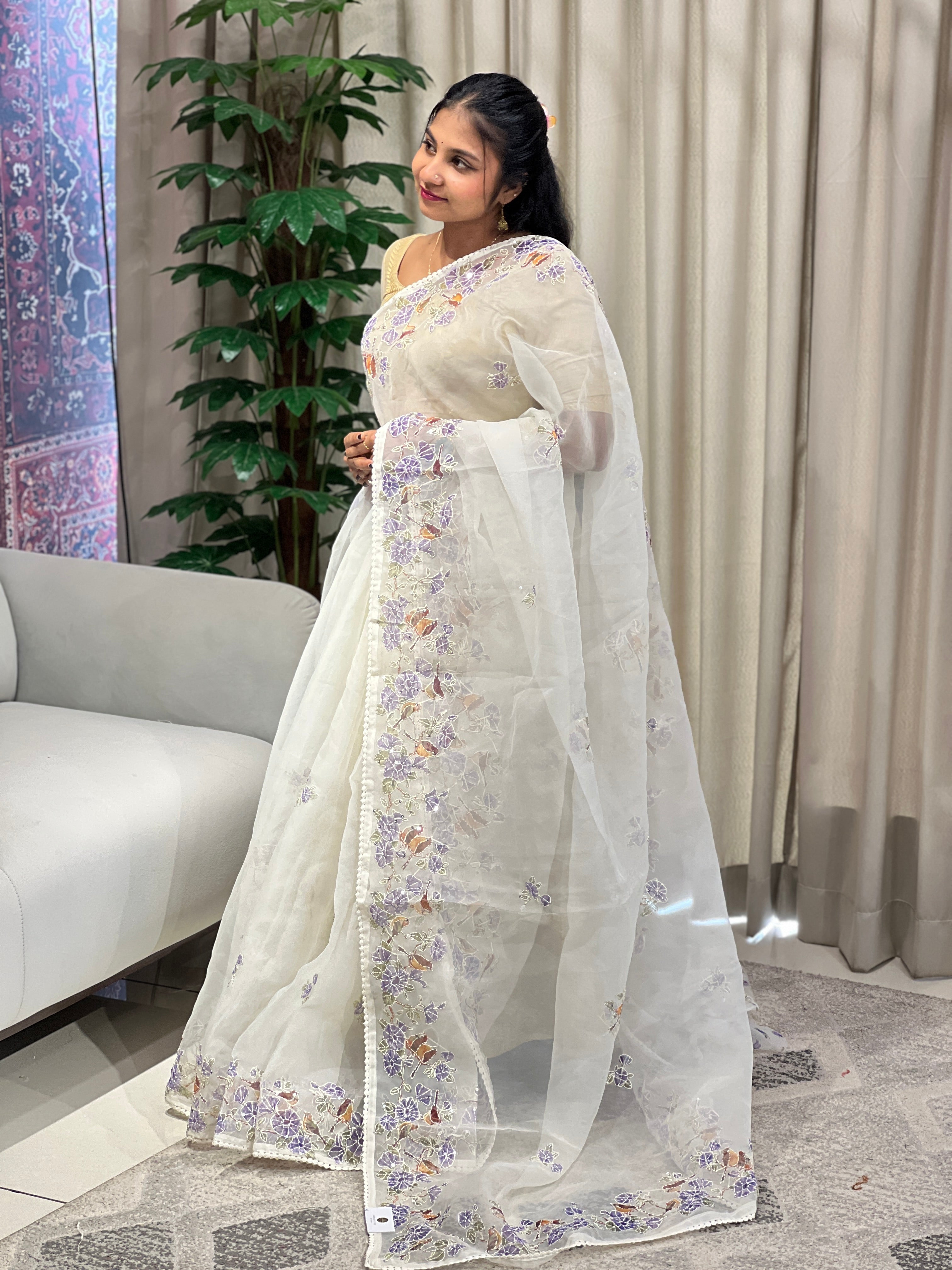 Floral and Bird Digital Printed Organza Saree | BLD1798