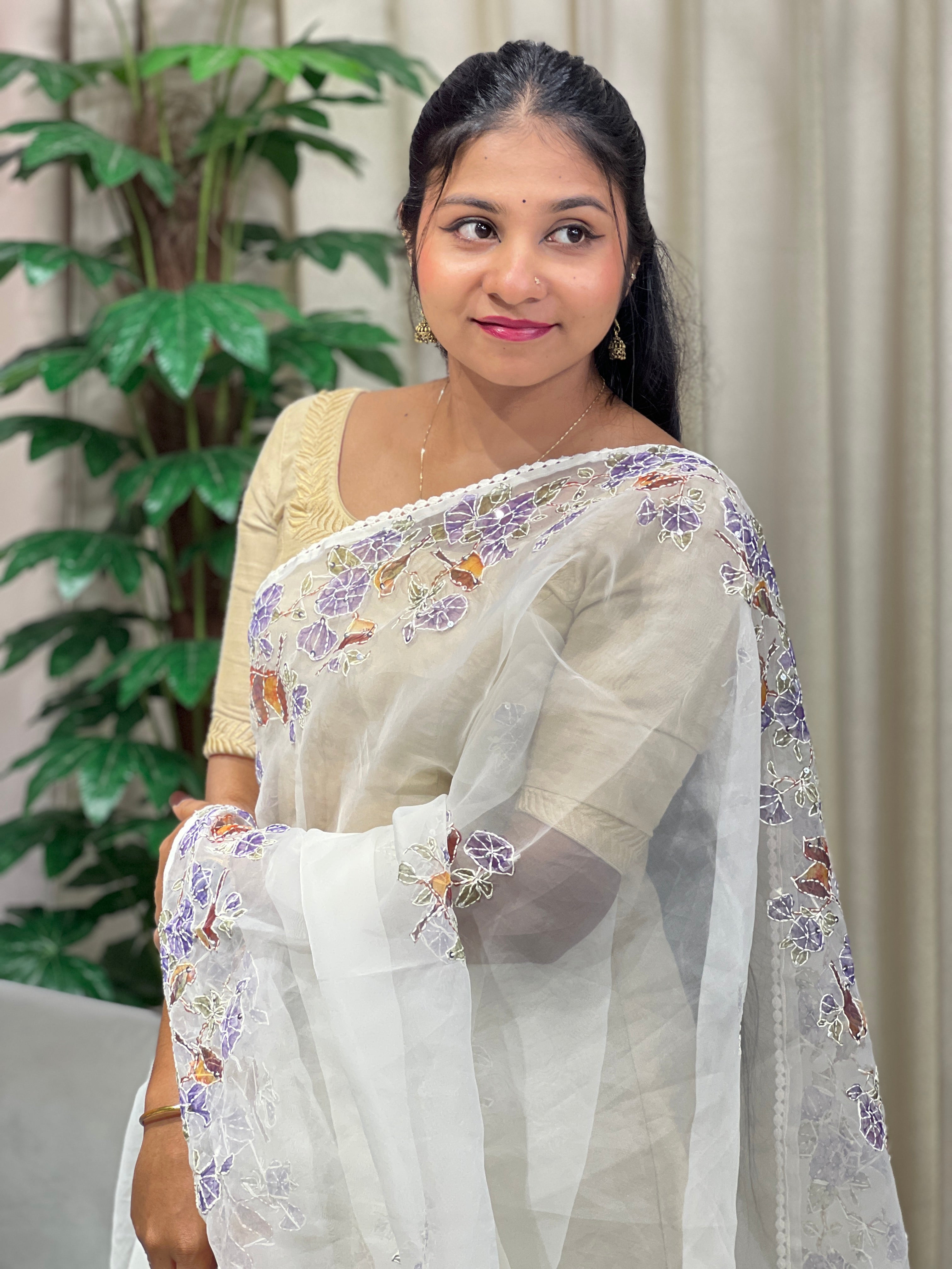 Floral and Bird Digital Printed Organza Saree | BLD1798