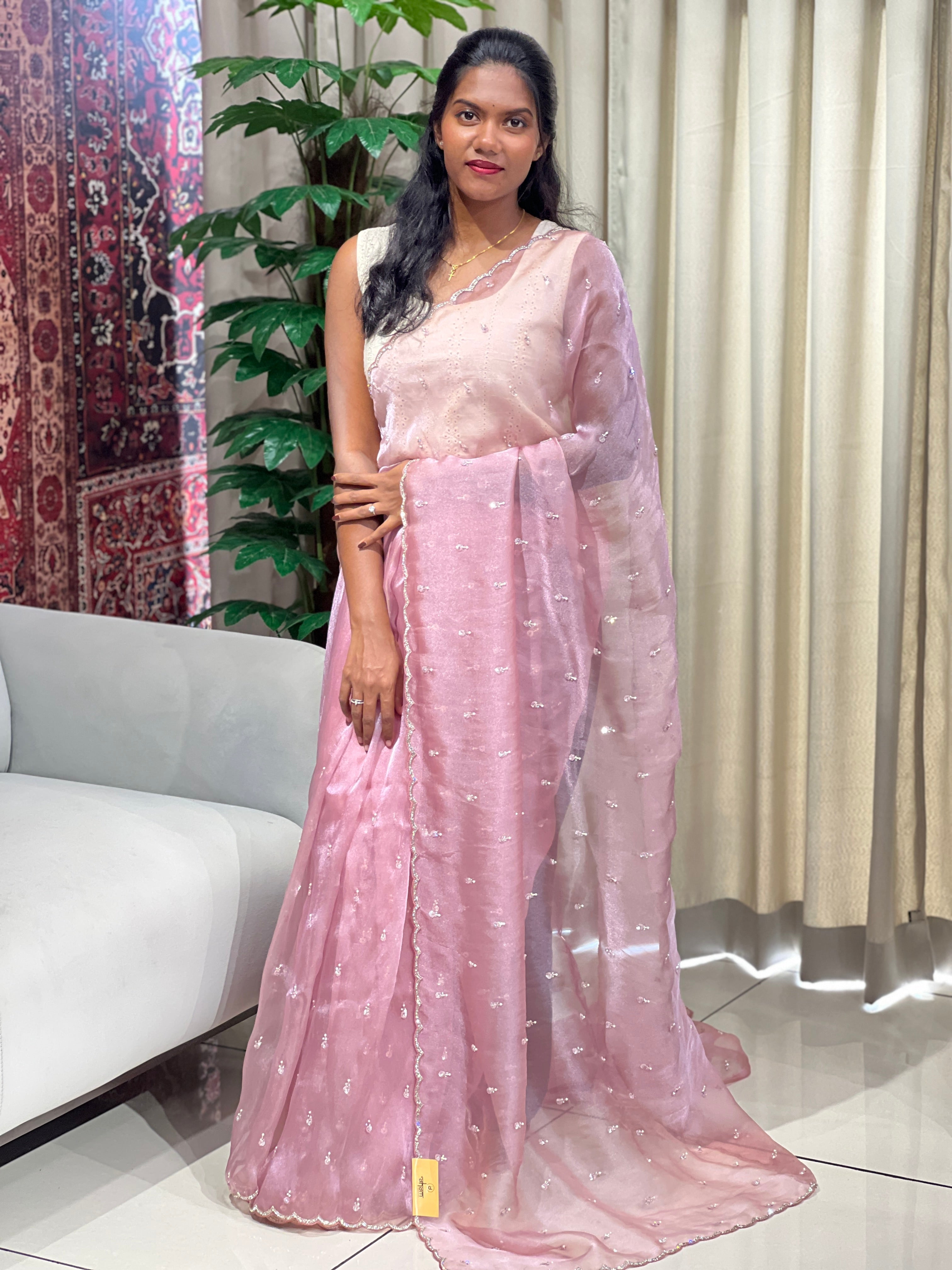 Cut Beads And Sticky Stone Detailed Shimmer Organza Saree | SGS138