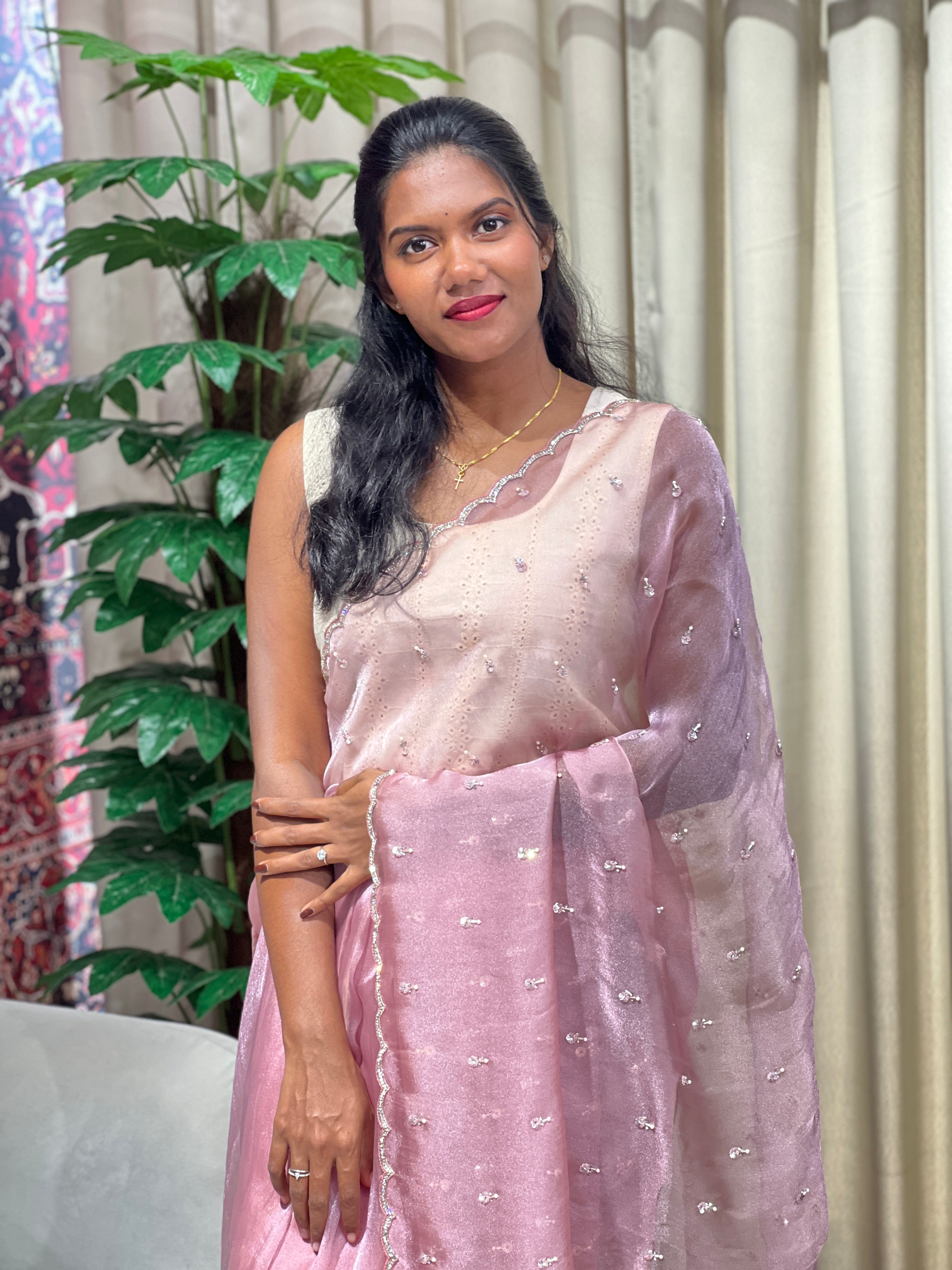 Cut Beads And Sticky Stone Detailed Shimmer Organza Saree | SGS138