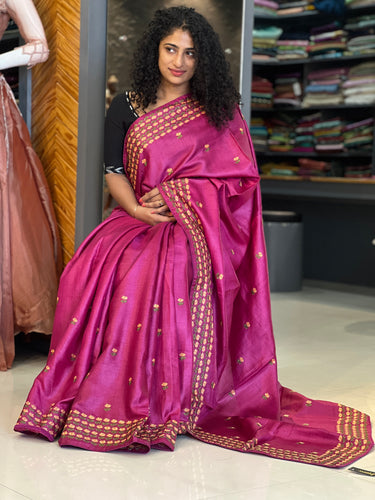 Magenta Color Embroidered Tussar Saree | SBS880