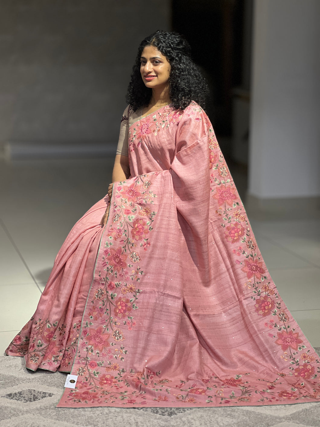 Floral Embroidery Border Desi Tussar Saree | RGD475