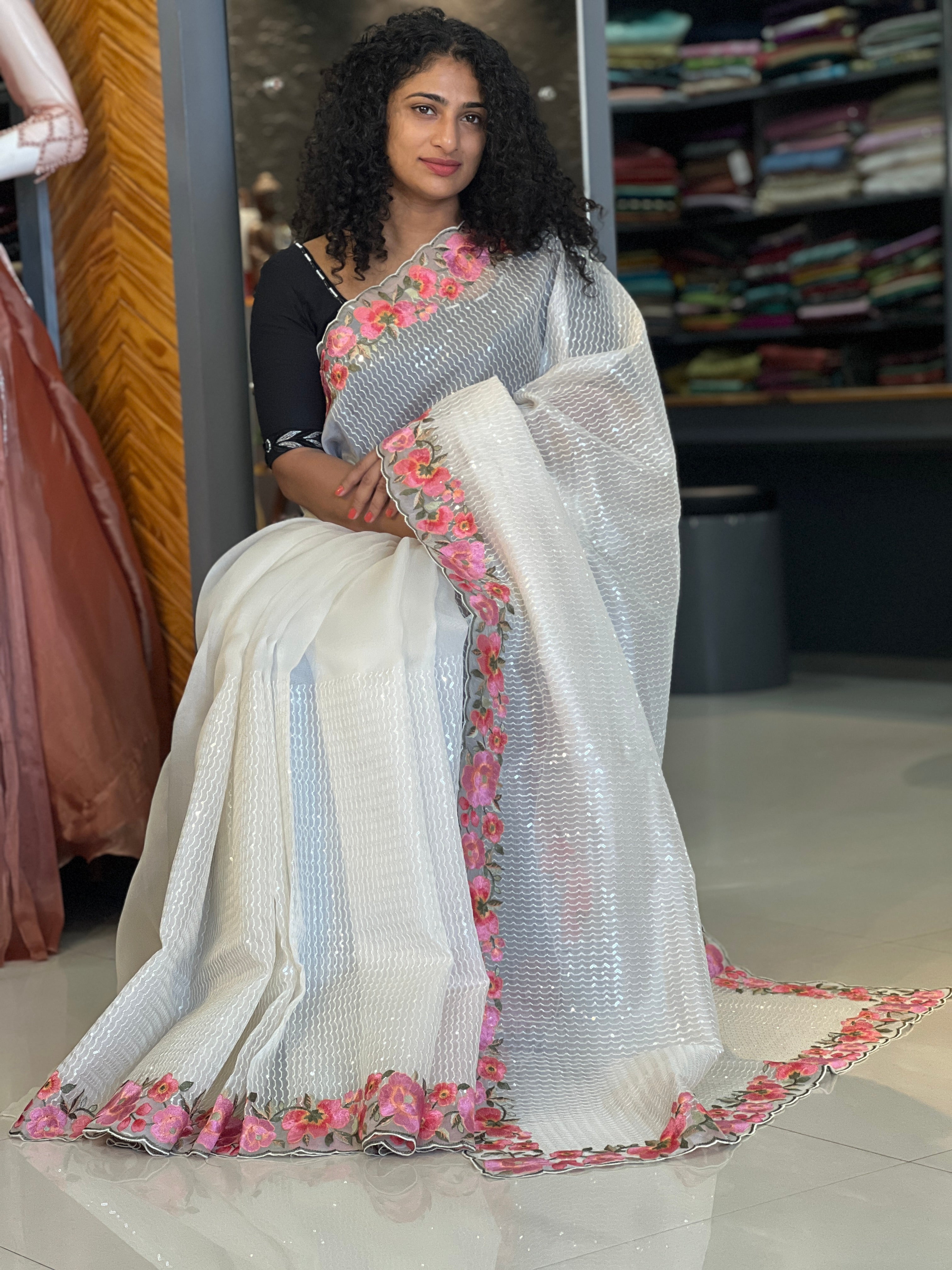 Floral Embroidery Pure Organza Saree | SBS821