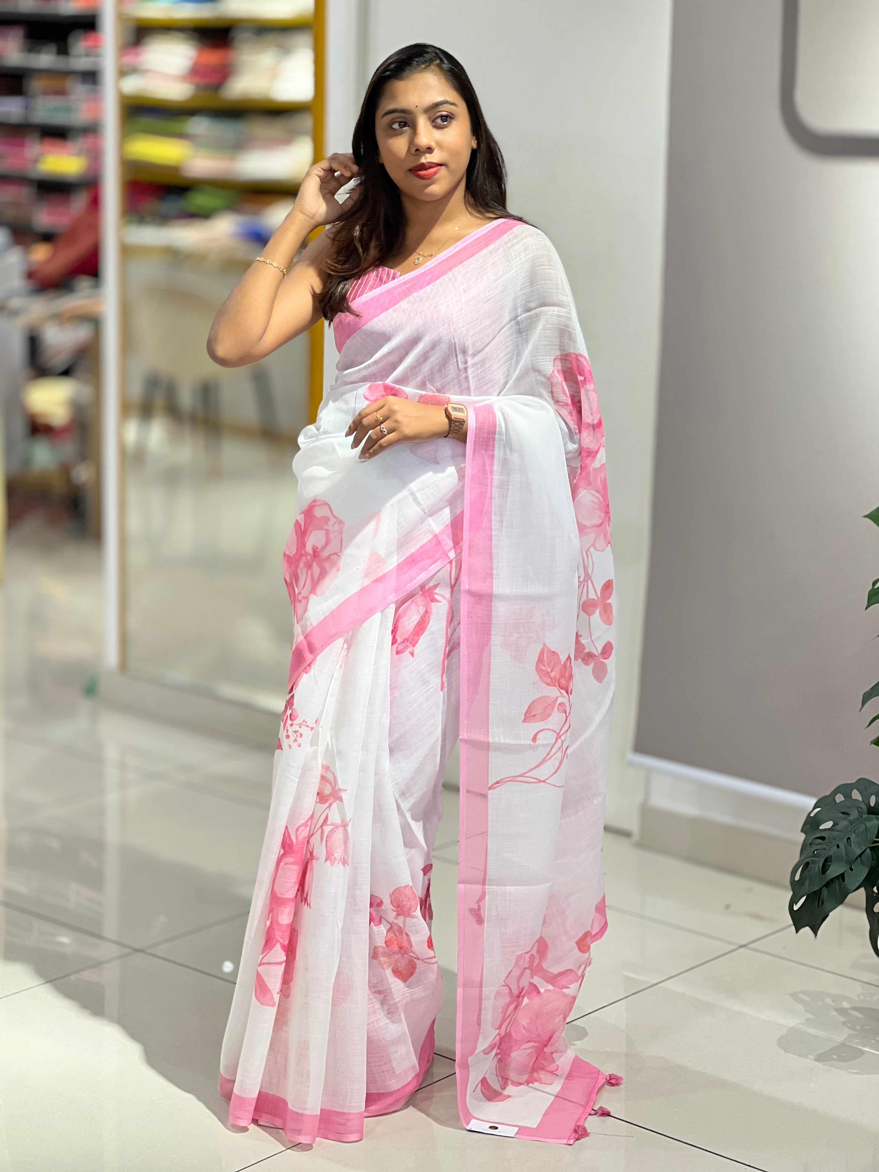 Floral Digital Printed Semi Linen Saree | YNG777