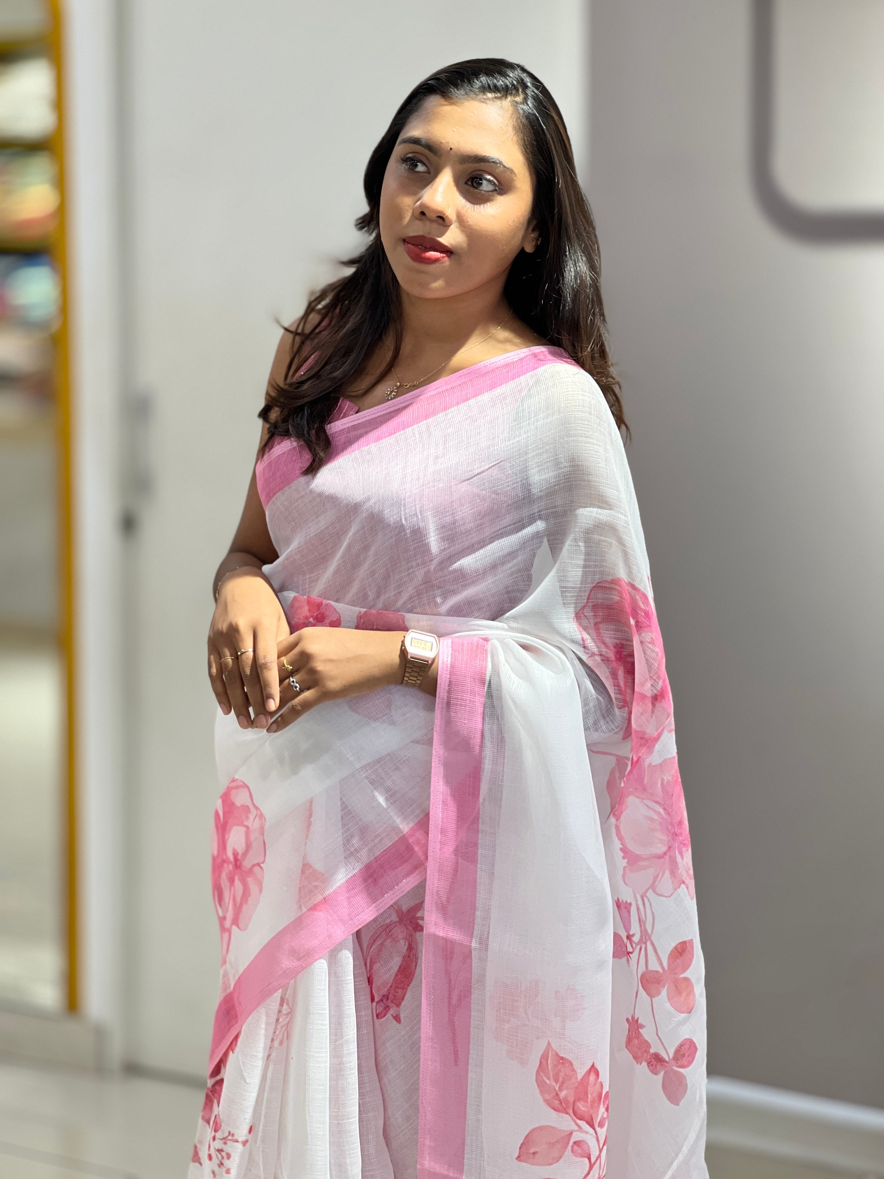 Floral Digital Printed Semi Linen Saree | YNG777