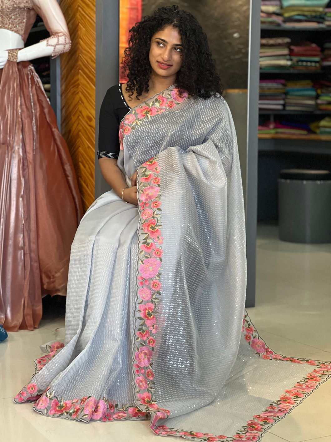 Floral Embroidery Pure Organza Saree | SBS821