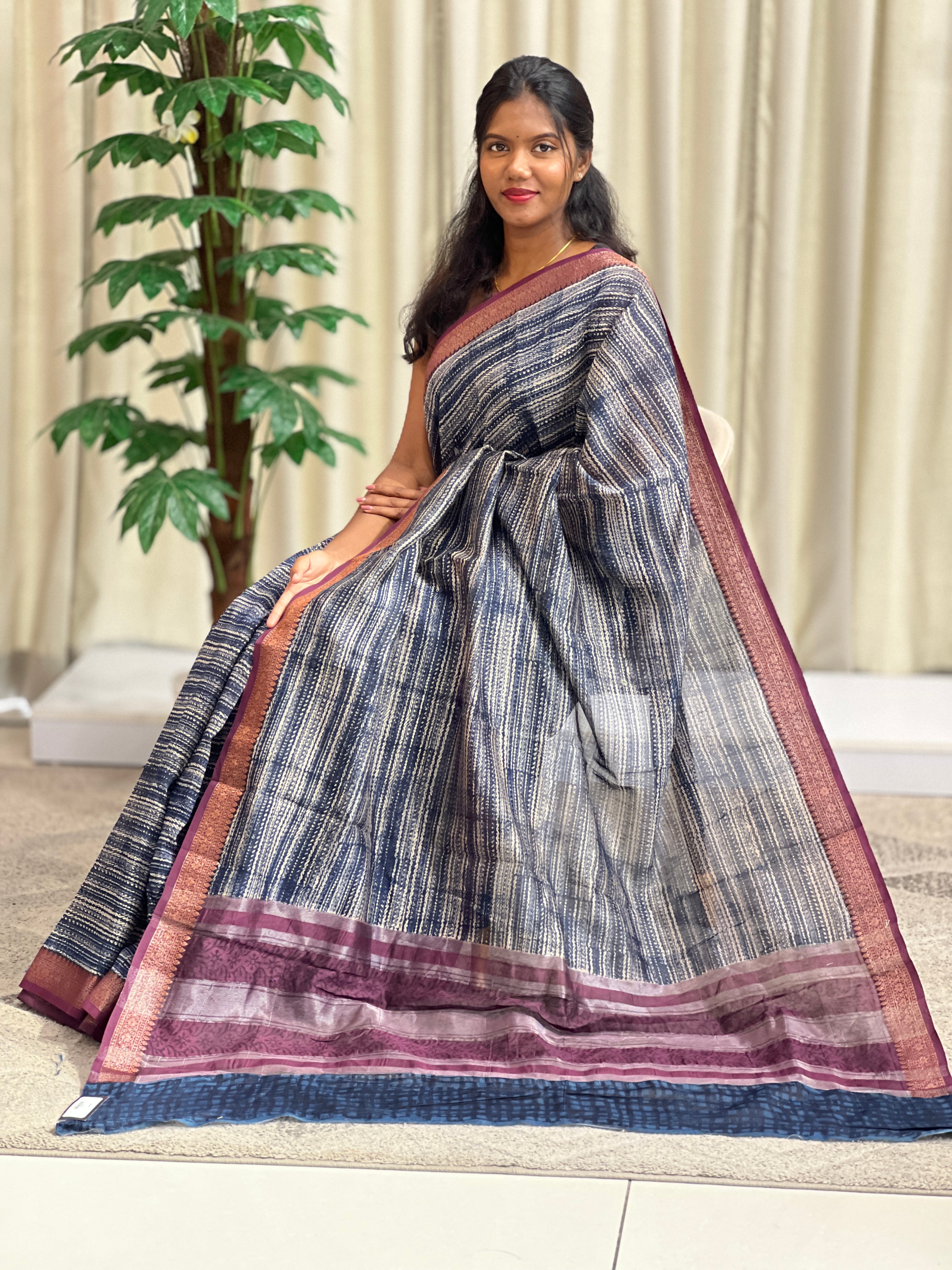 Stripe Pattern Banarasi Bordered Chanderi Saree | KMM135