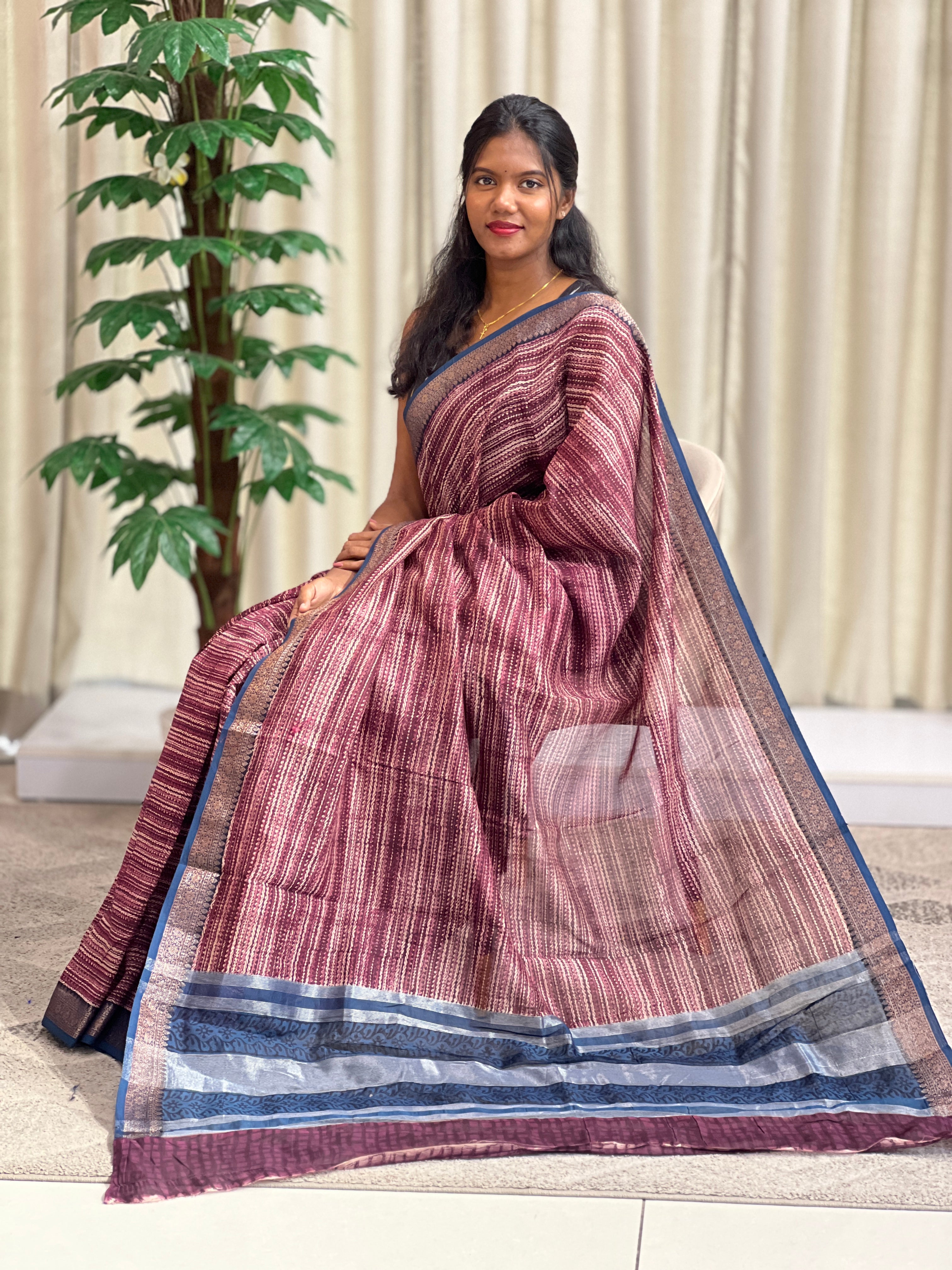 Stripe Pattern Banarasi Bordered Chanderi Saree | KMM134