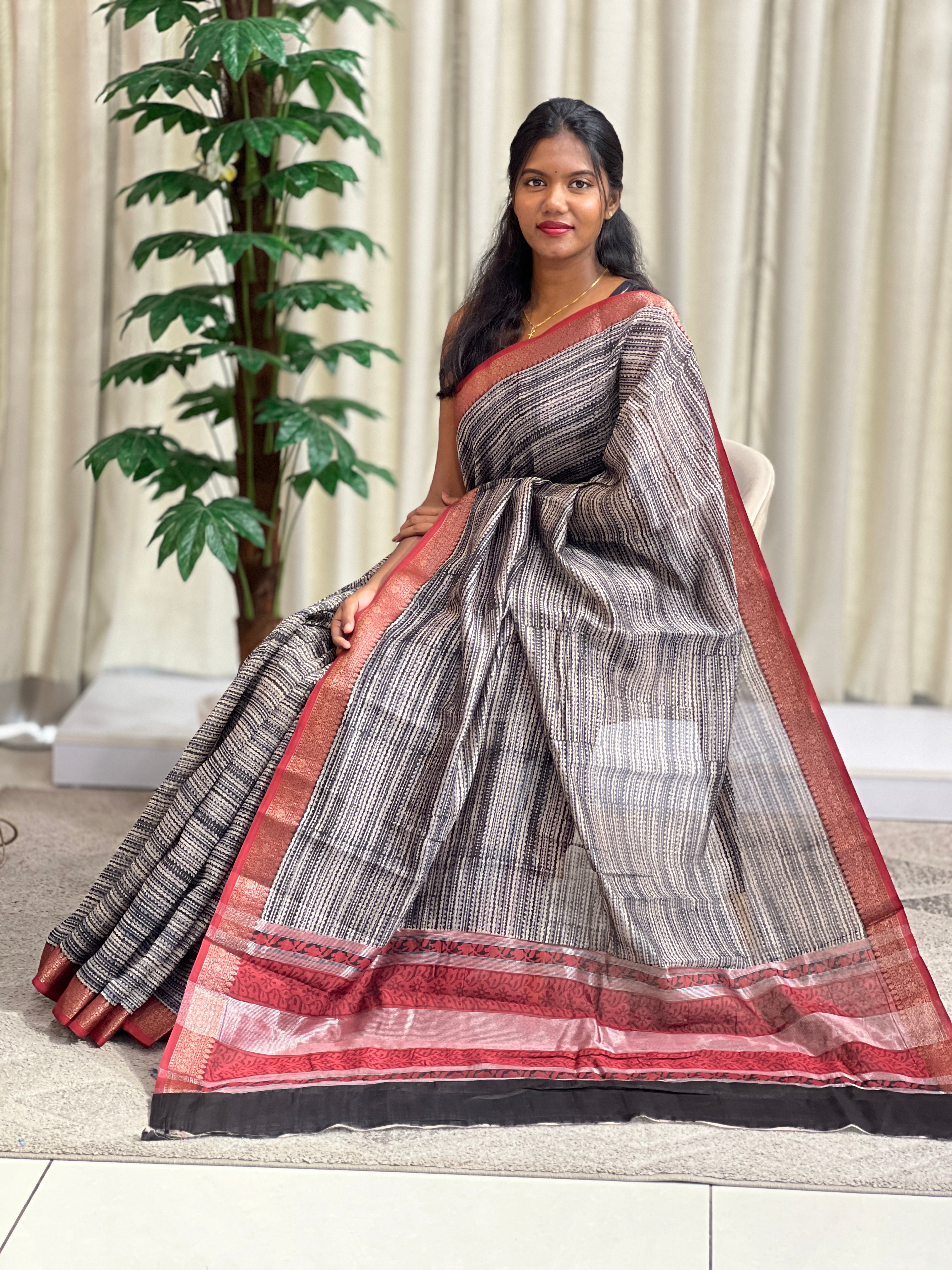 Stripe Pattern Banarasi Bordered Chanderi Saree | KMM133