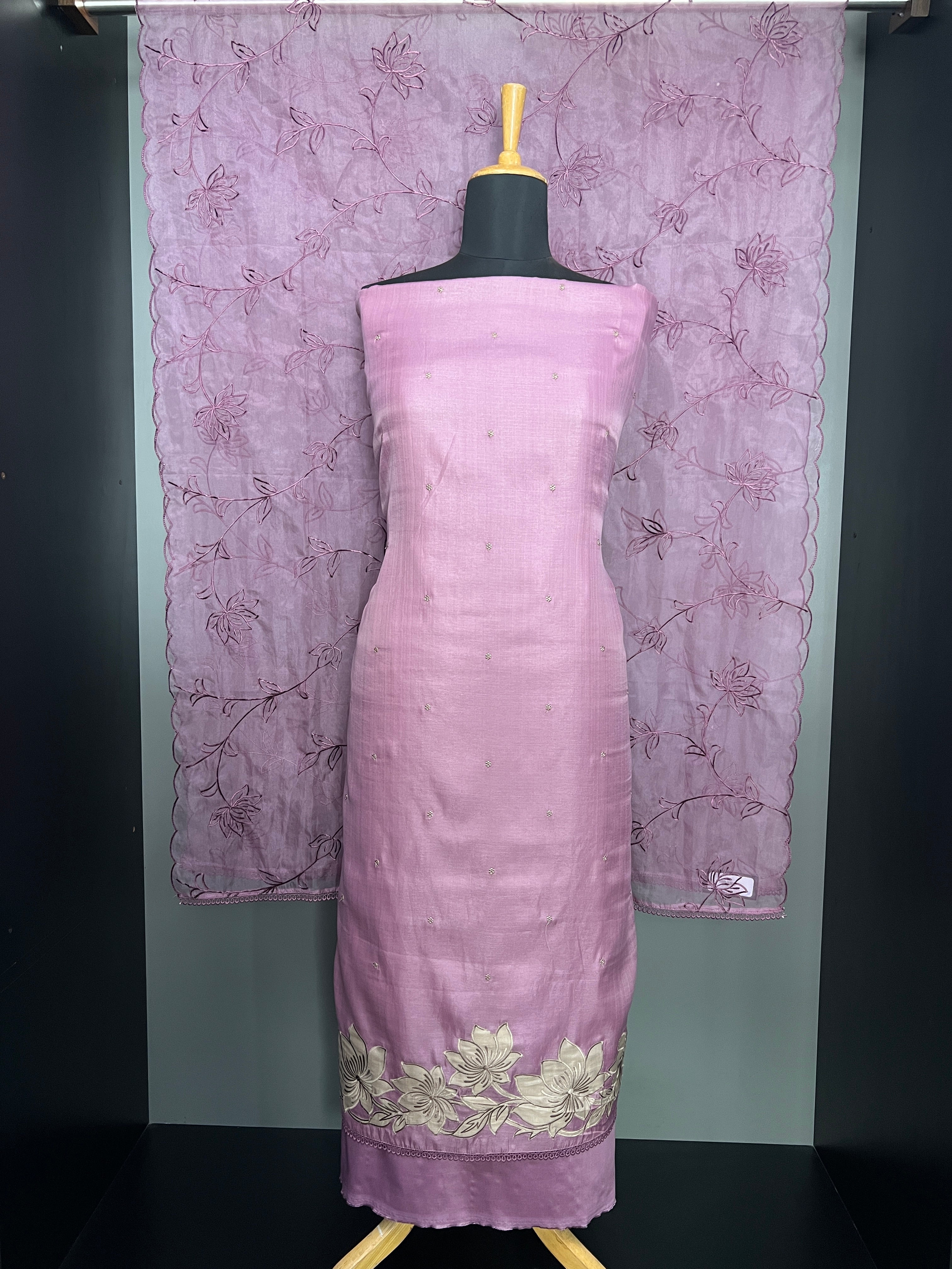 Floral Applique Detailed Semi Tussar Salwar Set | SUN696