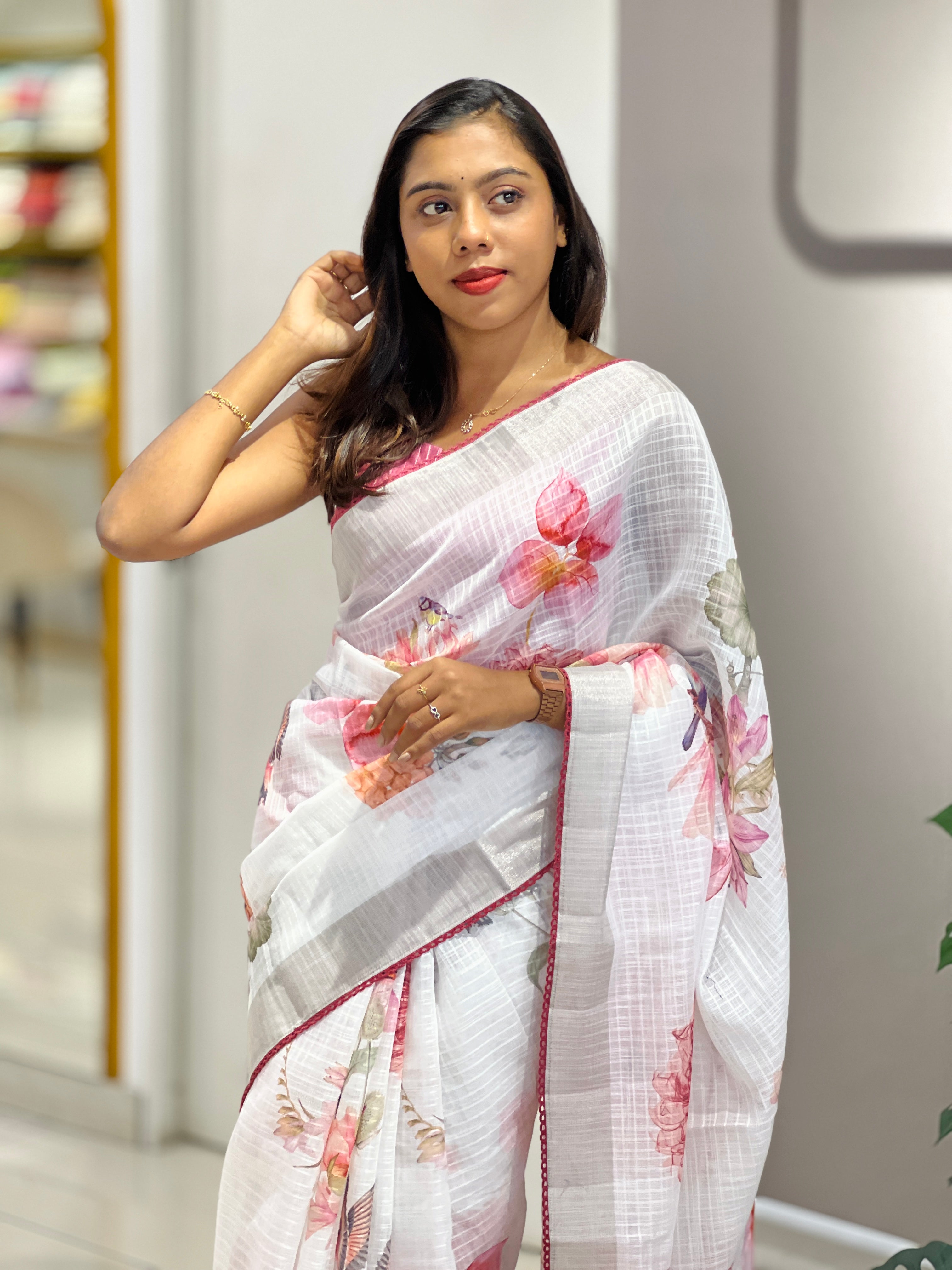 Floral Digital Printed Semi Linen Saree | YNG779