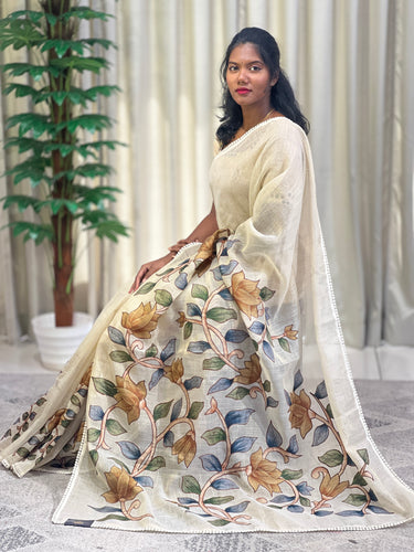 Floral Applique Work Detailed Tissue Linen Saree  | KSD301