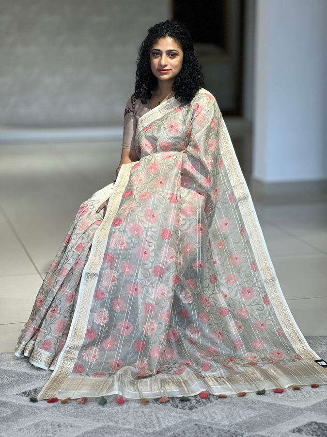 Embroidered Tussar Organza Saree With Zari Borders | RGD549