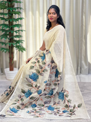 Floral Applique Work Detailed Tissue Linen Saree  | KSD298