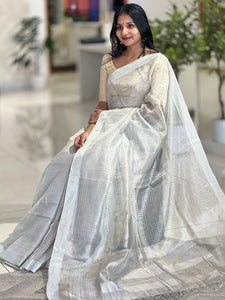 Zari Check Patterned Silver Tissue Saree | HS1147