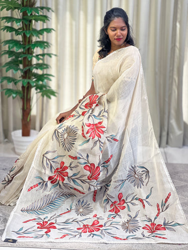Floral Applique Work Tissue Linen Saree | KSD270