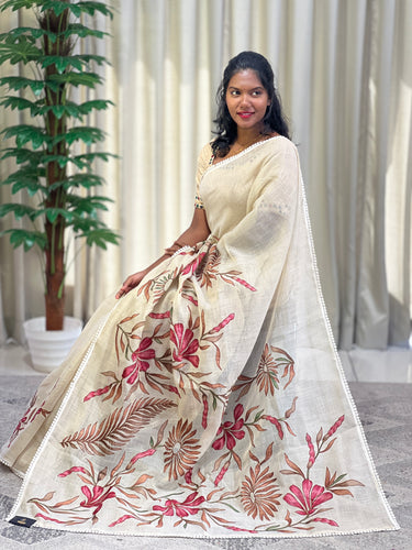 Floral Applique work Tissue Linen Saree |  KSD271