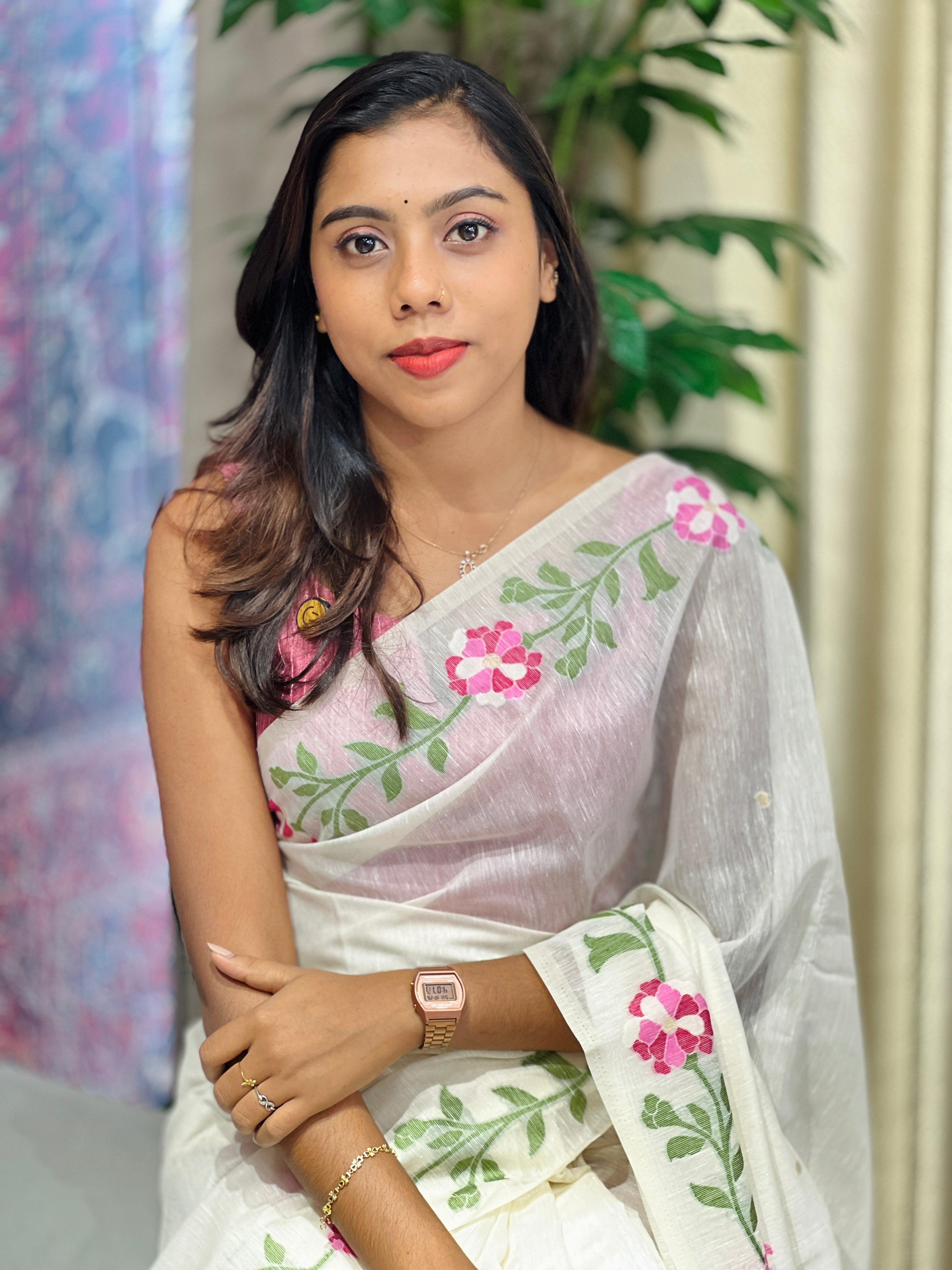 Floral Jamdani Woven Semi Linen Saree | YNG853