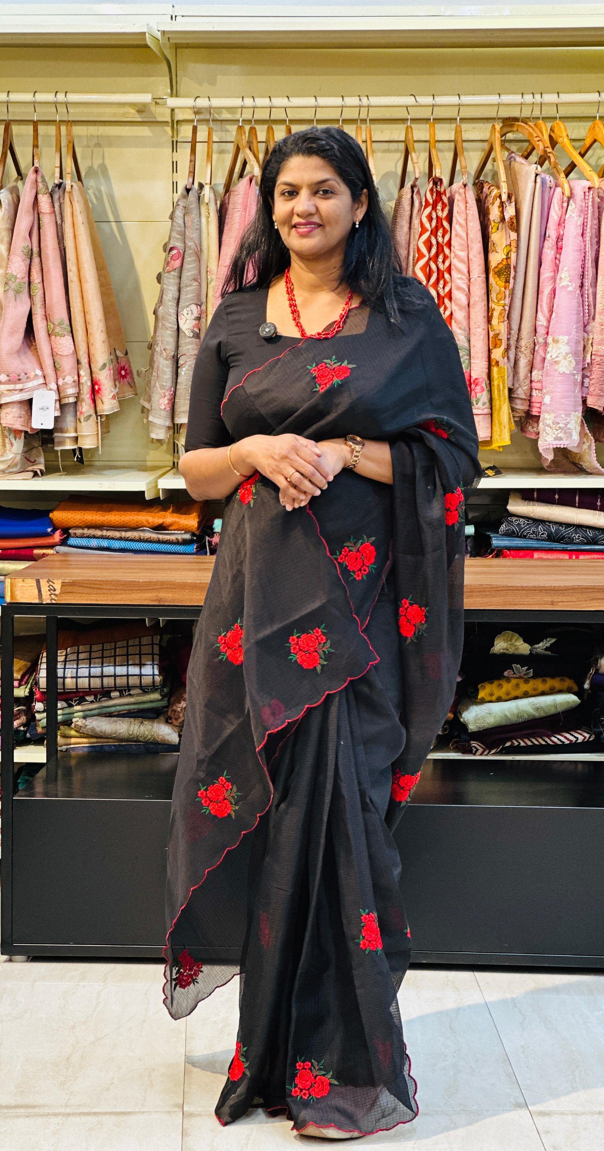 Floral Machine Embroidery Detailed Silky Kota Saree | HT349