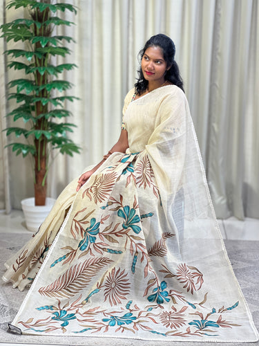 Floral Applique work Tissue Linen Saree | KSD269