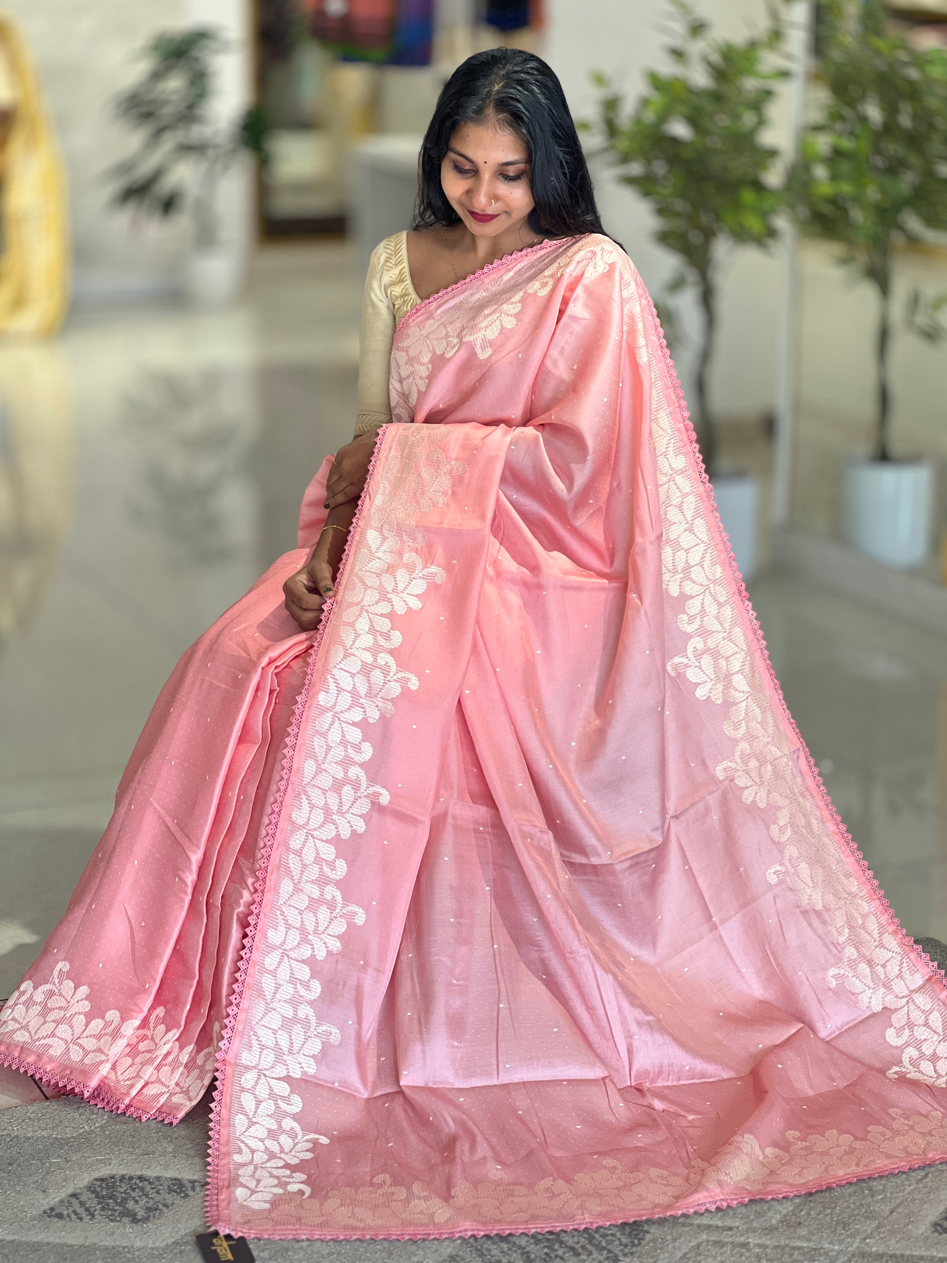 Machine Embroidery Detailed Dola Silk Saree | SUN157