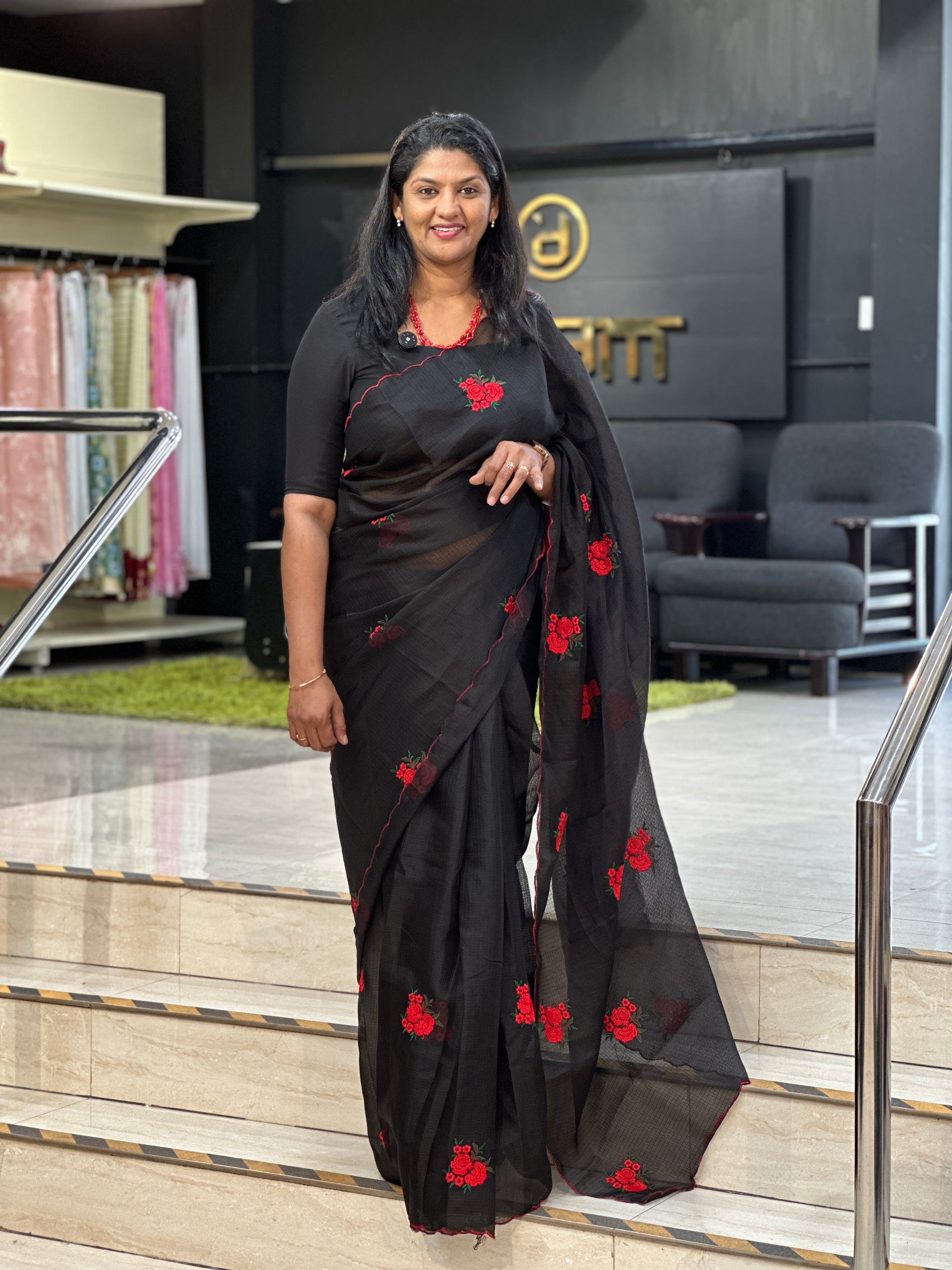 Floral Machine Embroidery Detailed Silky Kota Saree | HT349