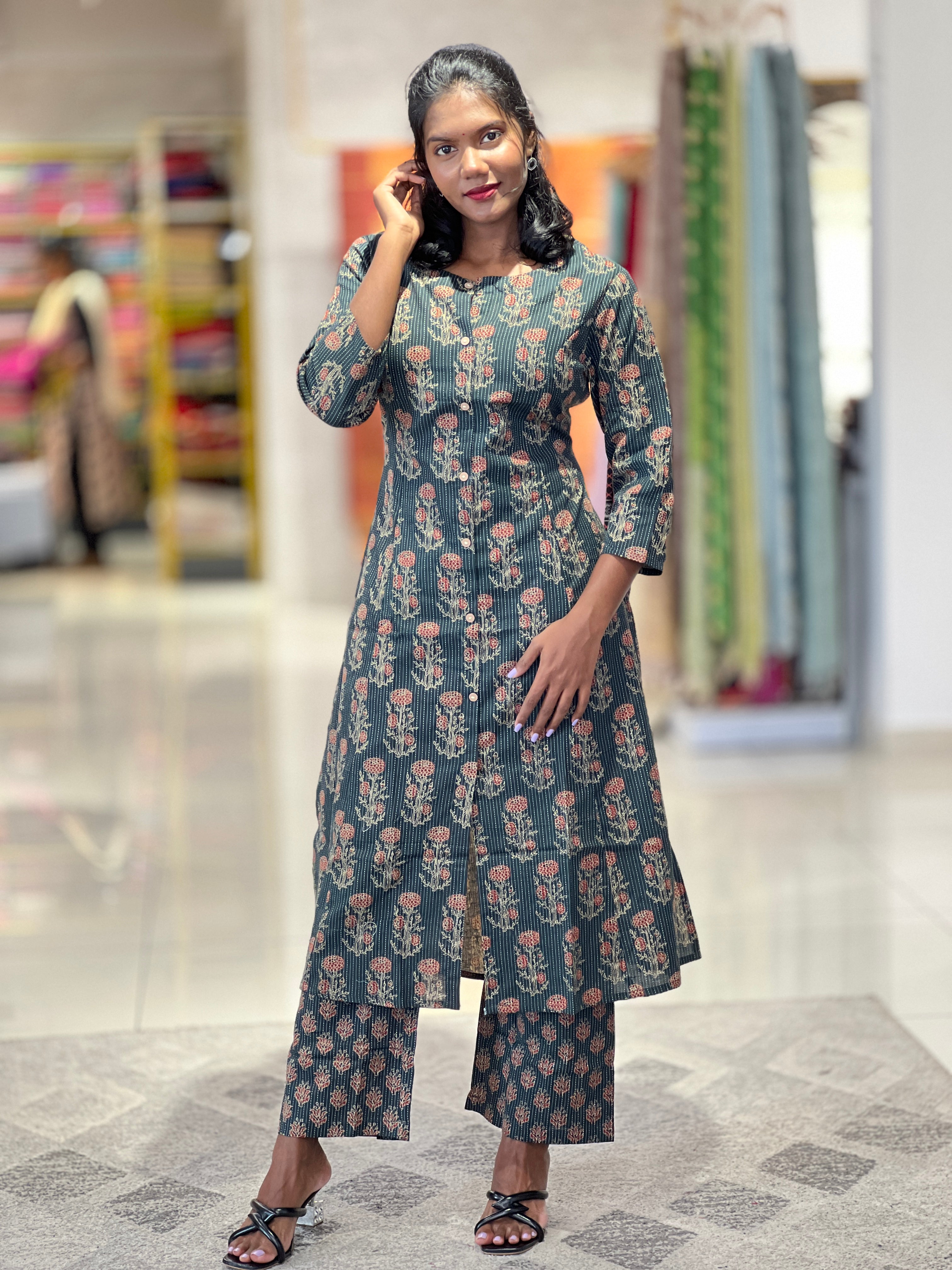 Print With Kantha Detailed Cotton Top & Bottom | NCF288