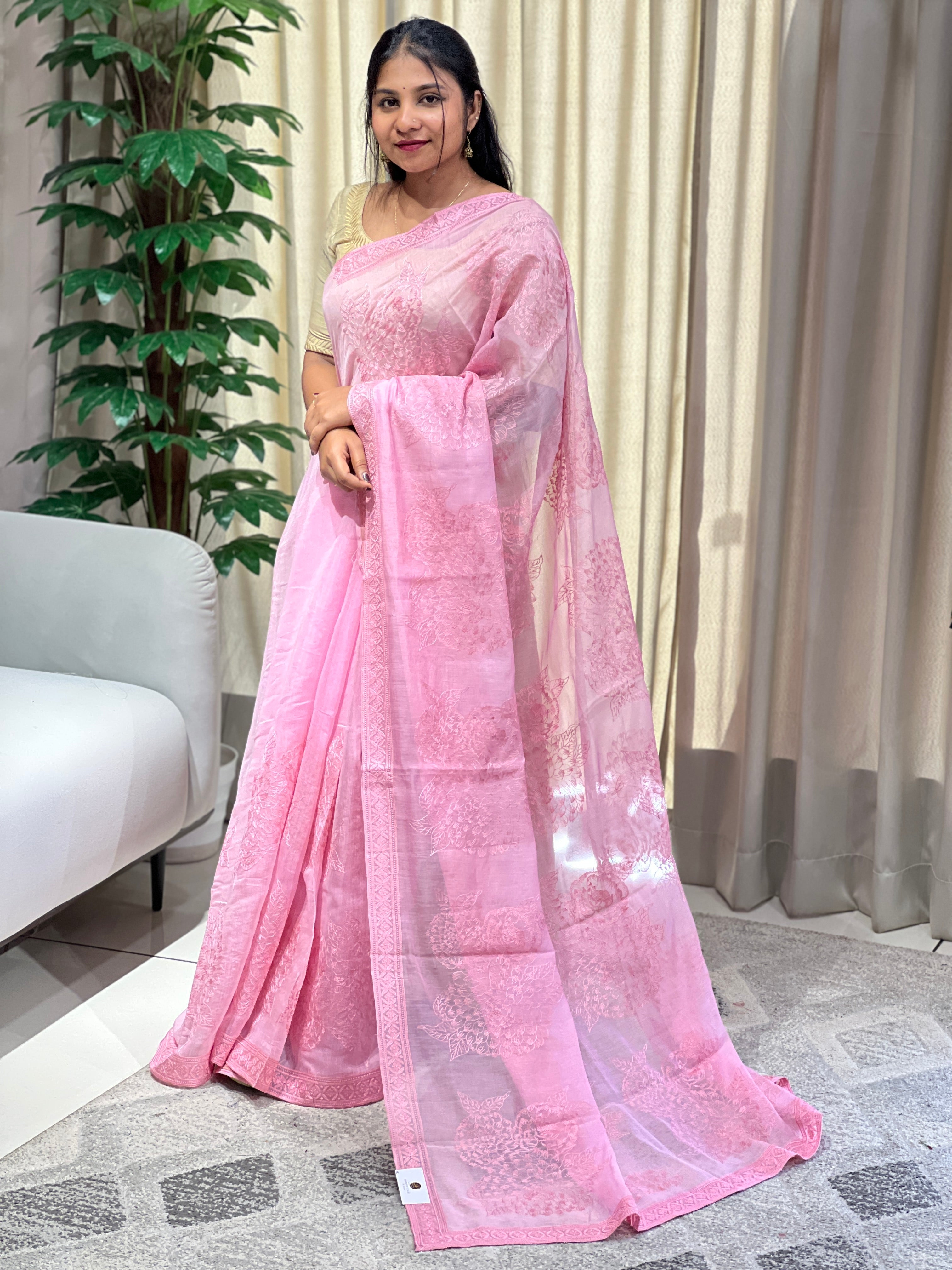 Floral Machine Embroidery Detailed Chanderi Silk Saree | YNG750