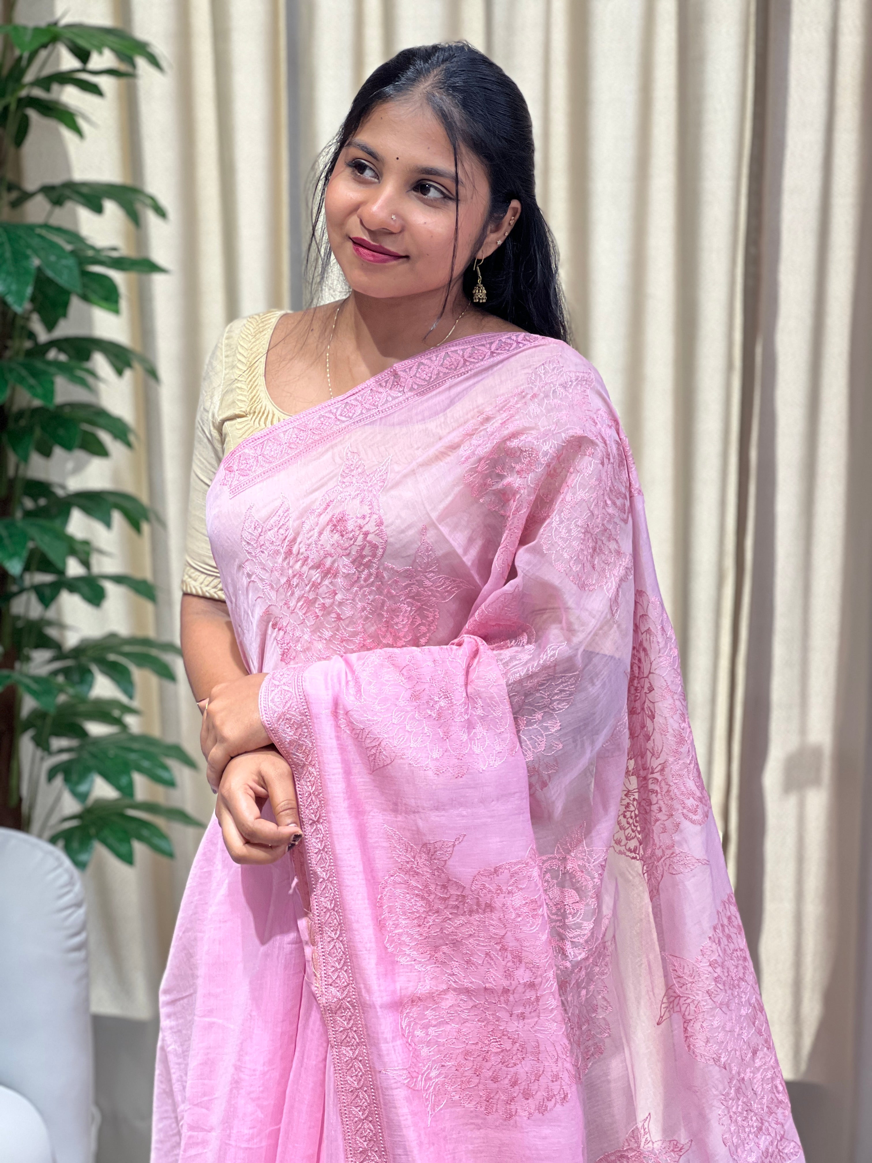 Floral Machine Embroidery Detailed Chanderi Silk Saree | YNG750