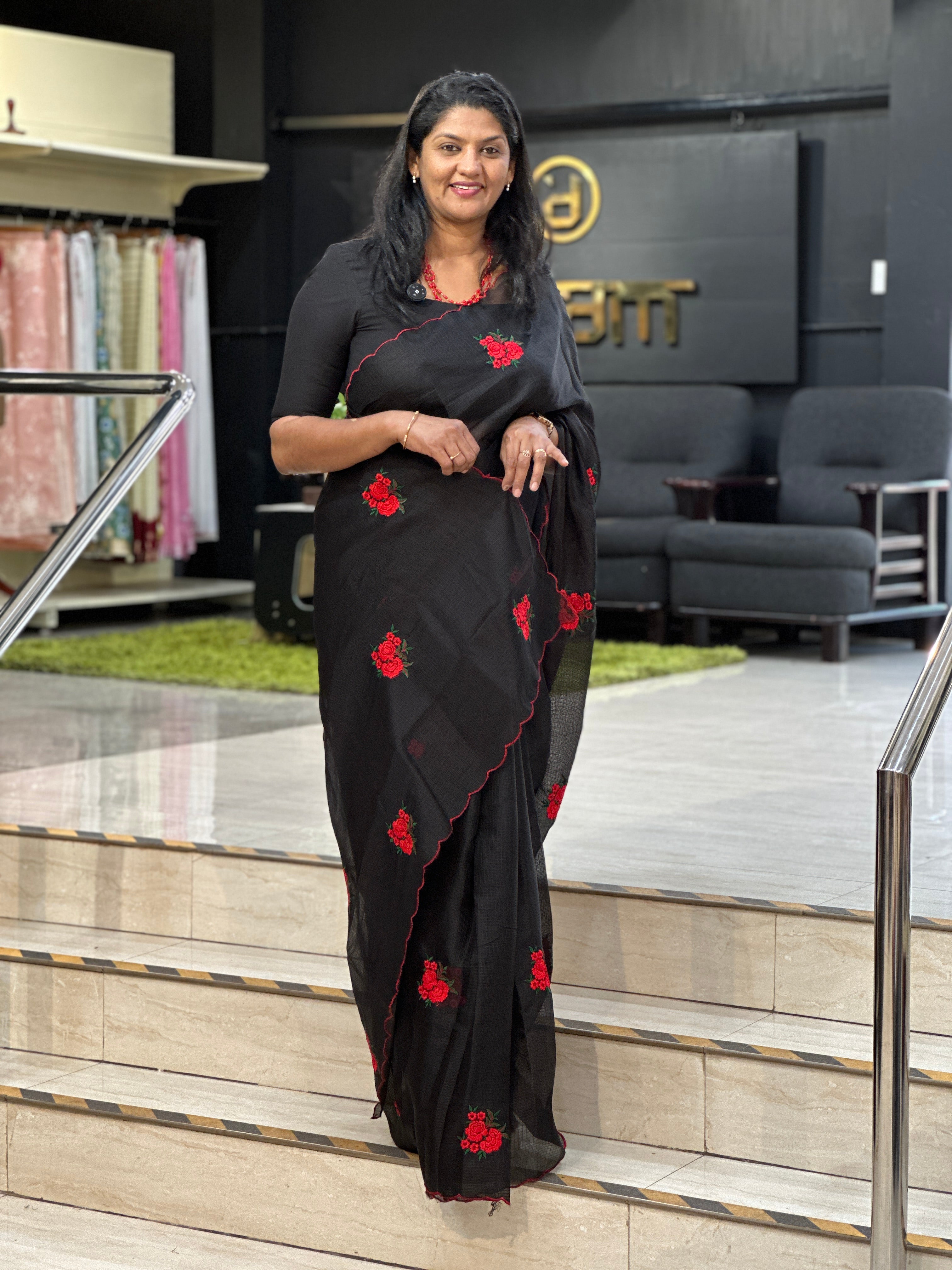 Floral Machine Embroidery Detailed Silky Kota Saree | HT349