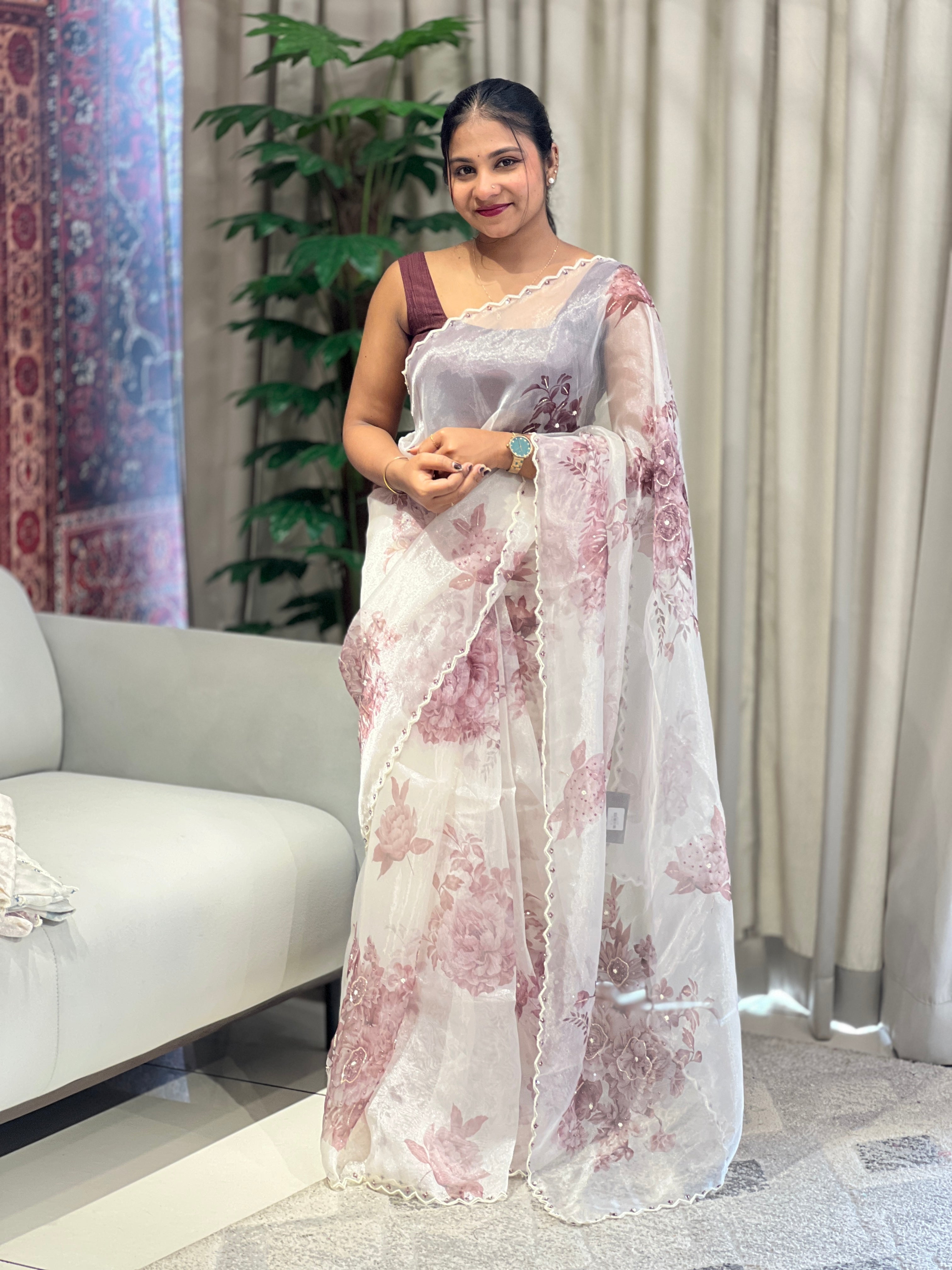 Floral Digital Print With Beads Highlighted Glass Organza Saree | BLD1757