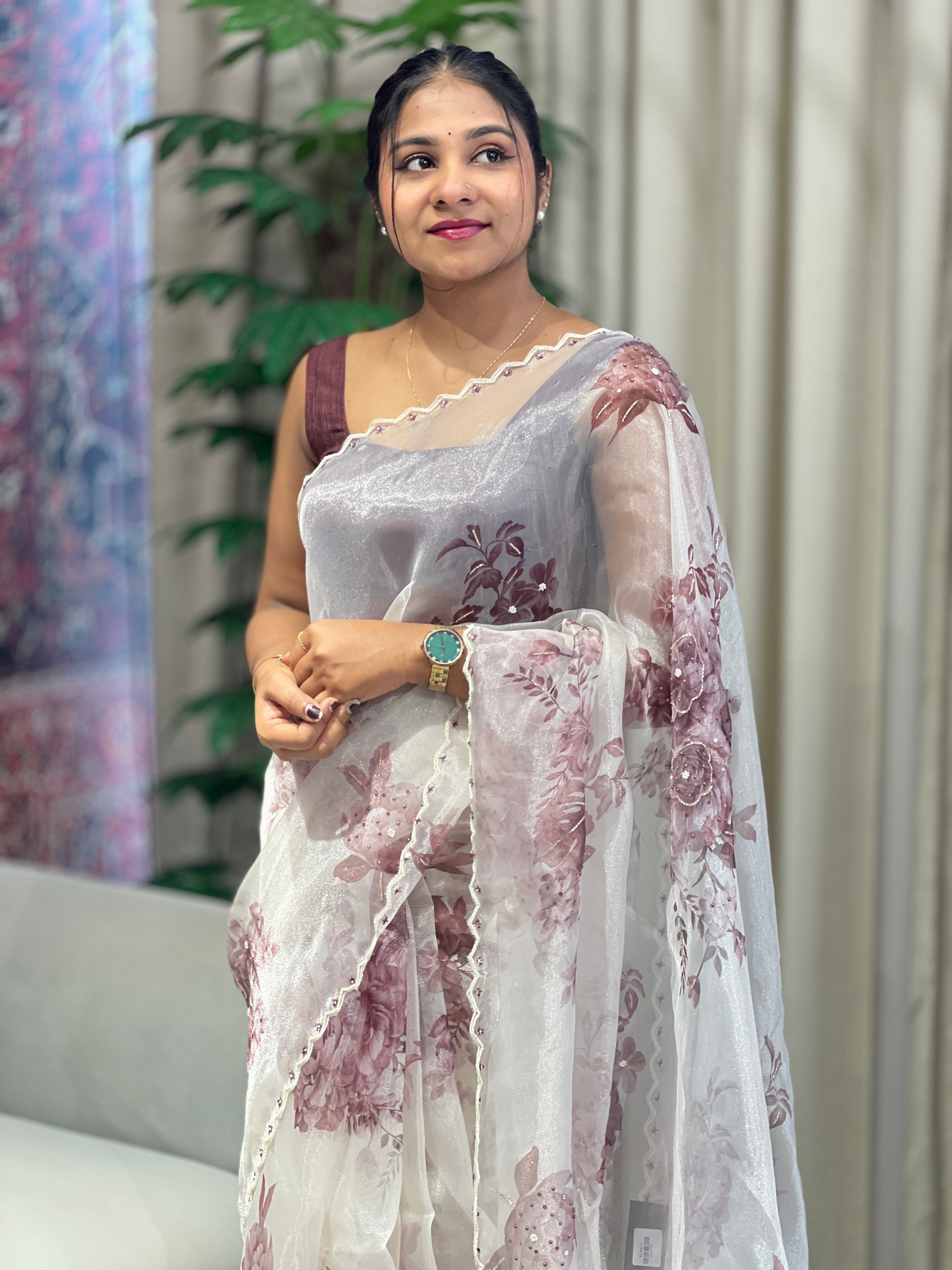 Floral Digital Print With Beads Highlighted Glass Organza Saree | BLD1757